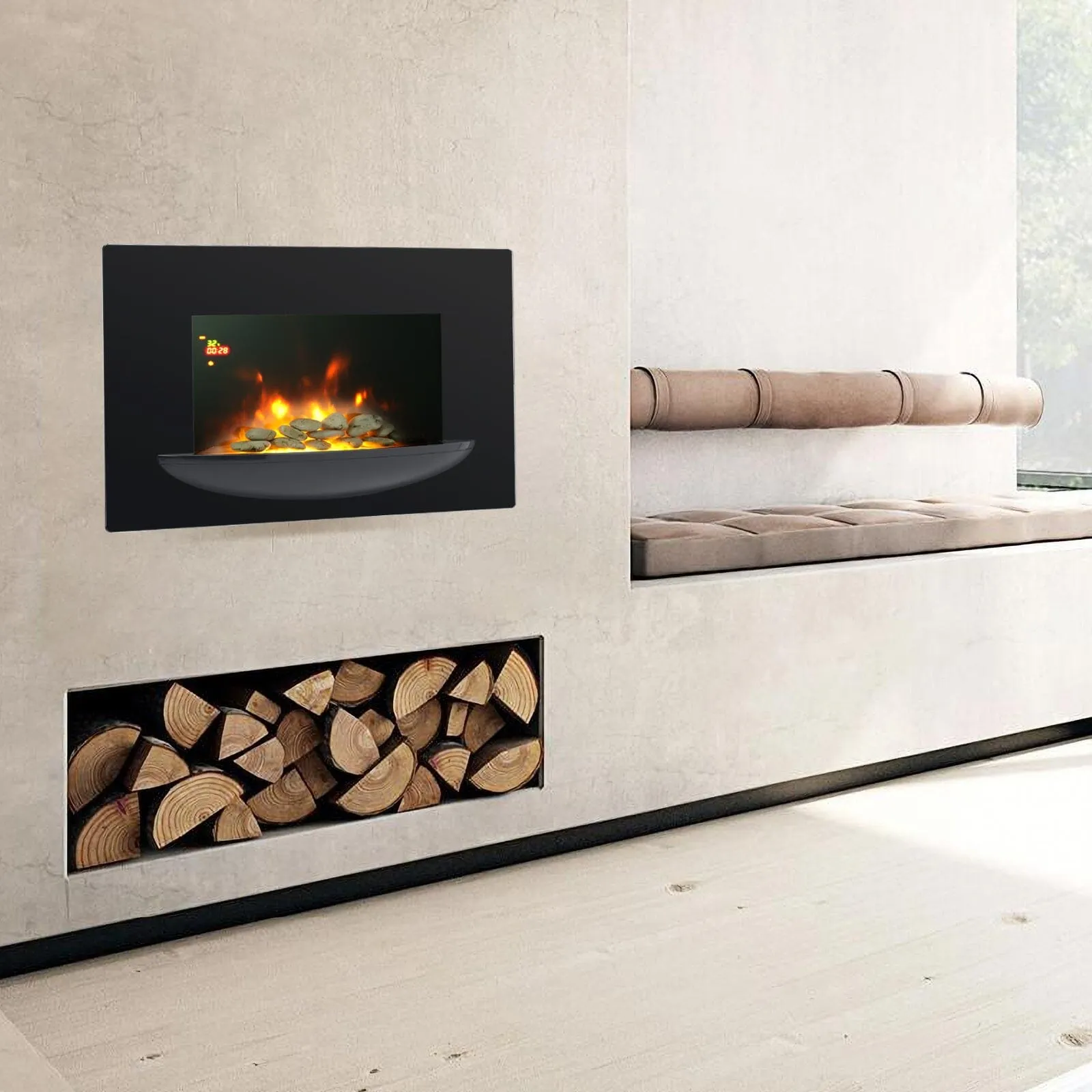 35inch Wall Mounted Electric Fireplace with Pebble Bowl 7 LED Flame Colours