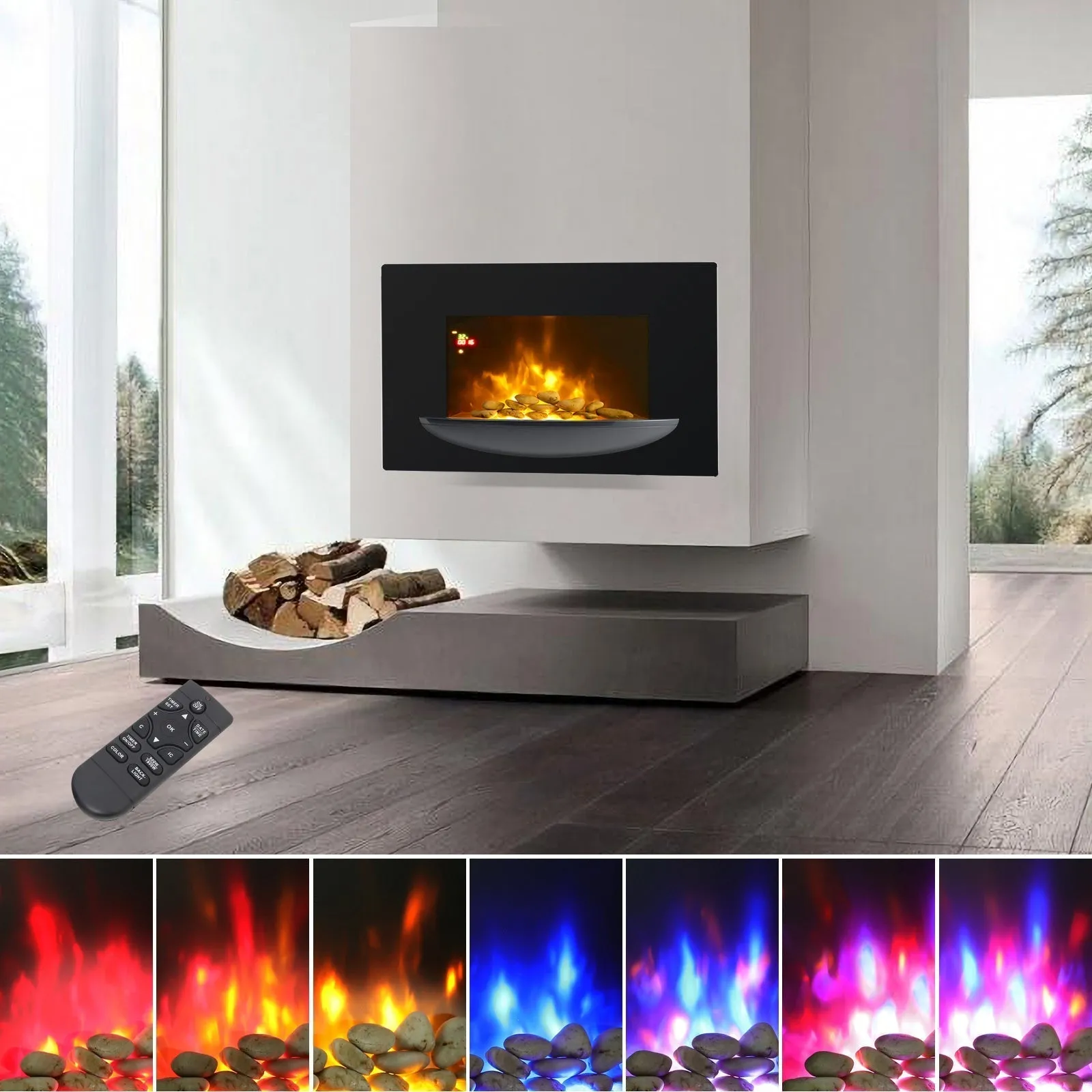 35inch Wall Mounted Electric Fireplace with Pebble Bowl 7 LED Flame Colours