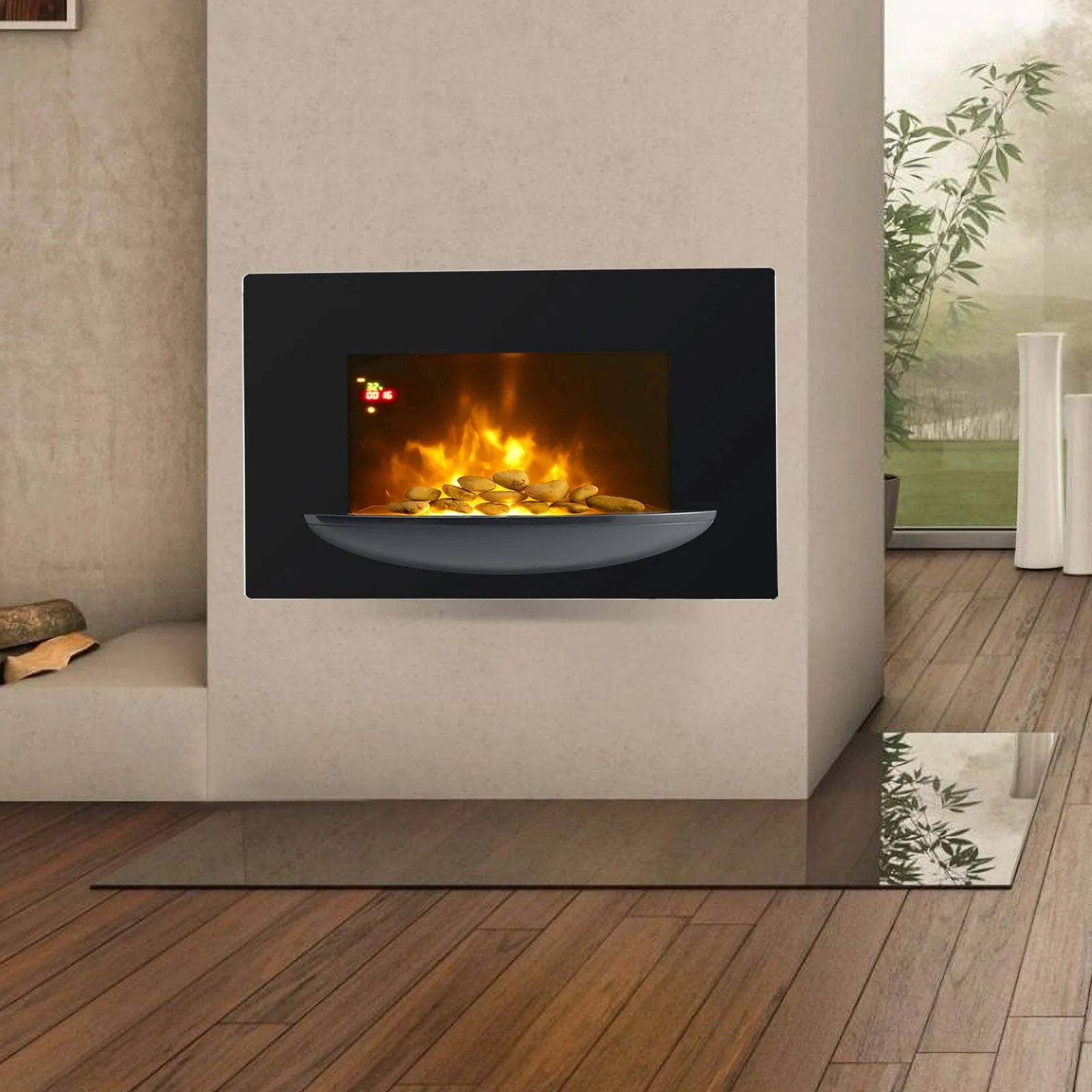 35inch Wall Mounted Electric Fireplace with Pebble Bowl 7 LED Flame Colours