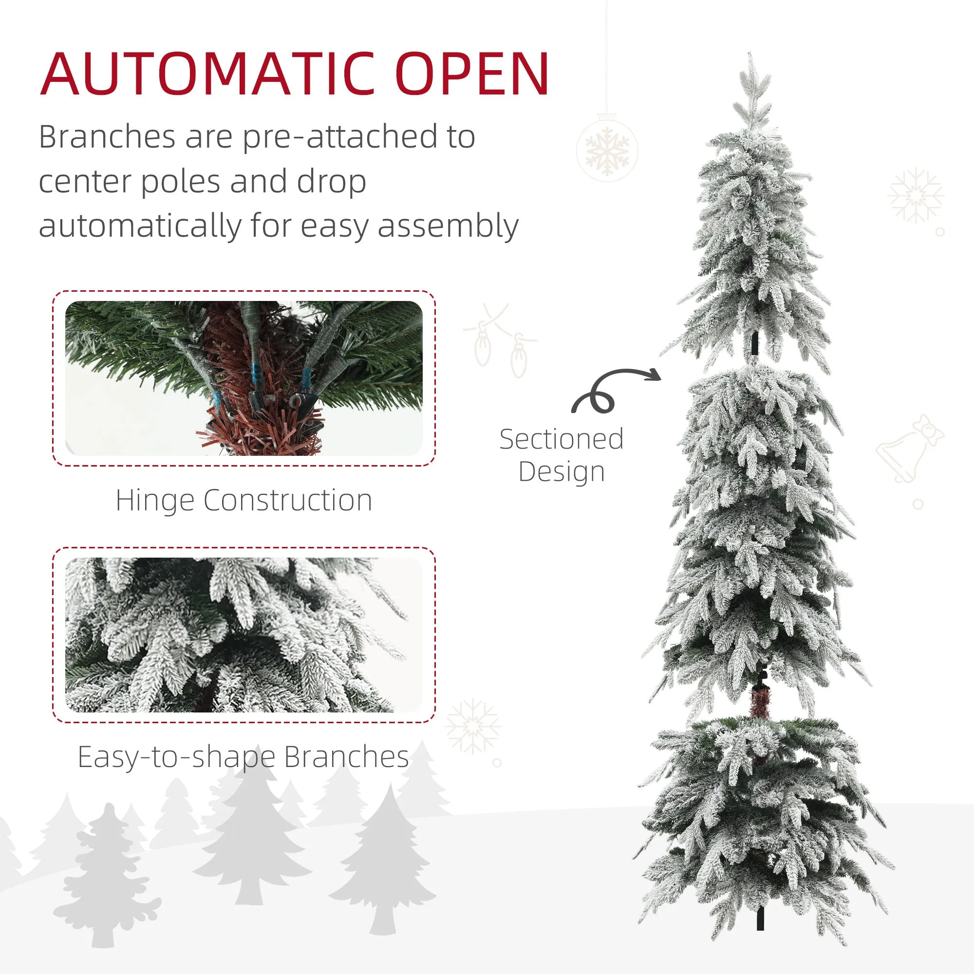 7ft Flocked Pencil Christmas Tree with Auto Open, Steel Base