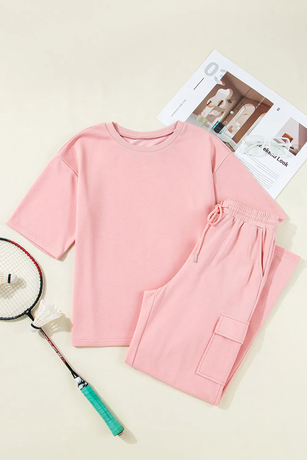 Apricot Pink Half Sleeve T-Shirt & Cargo Sweatpants Set