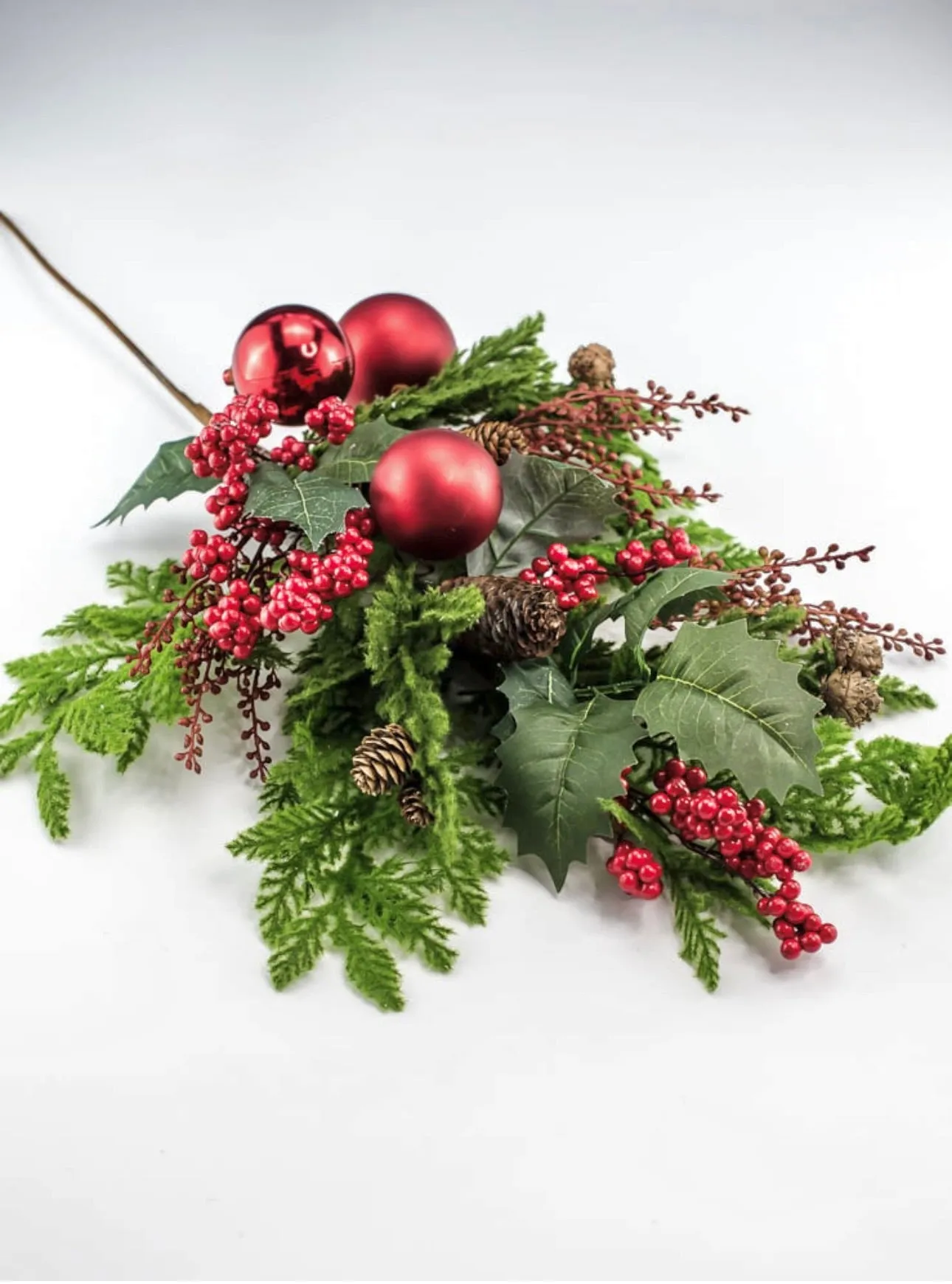 Artificial, mixed cedar and red ornament spray