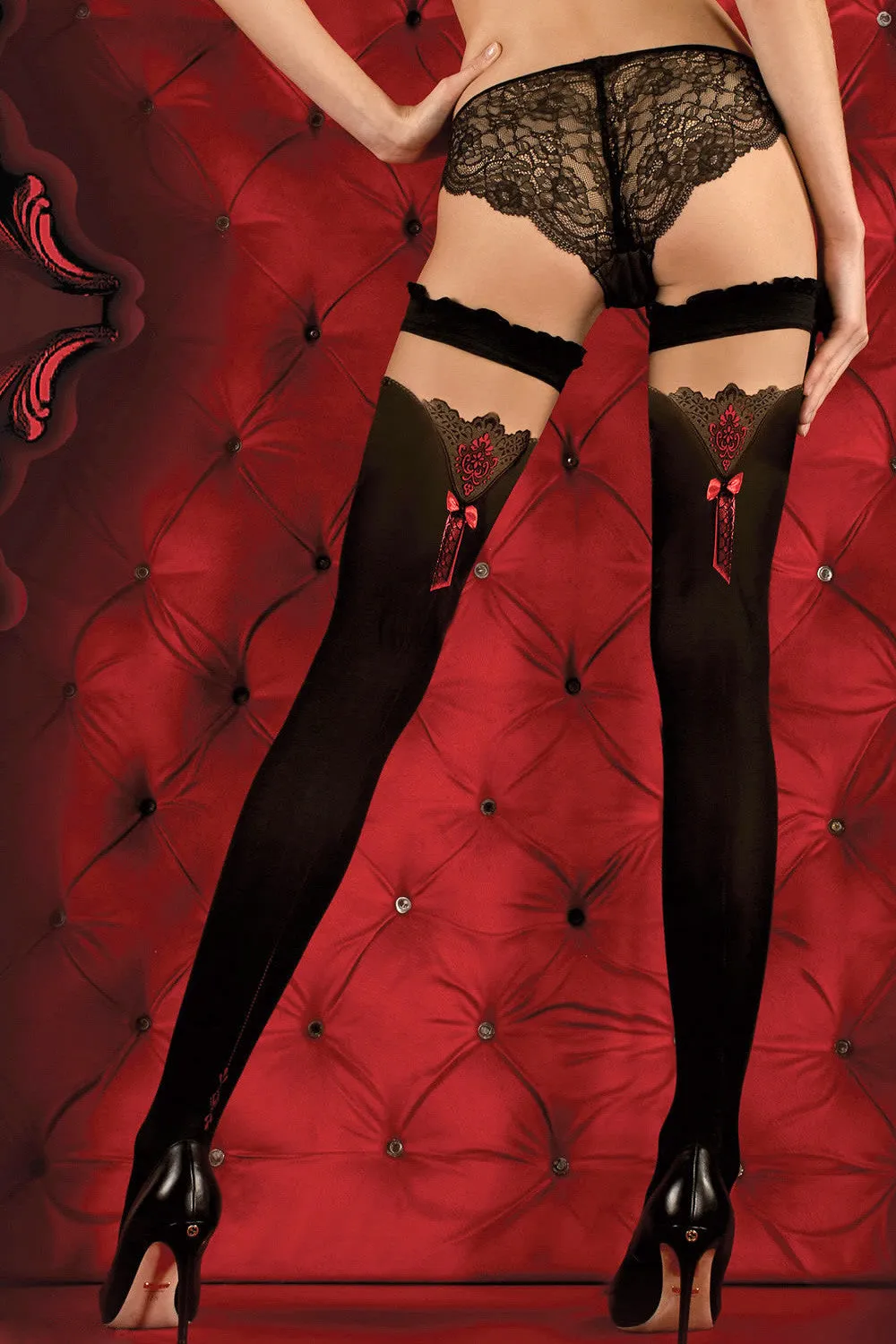 Ballerina Red Bow Opaque Black Hold Ups