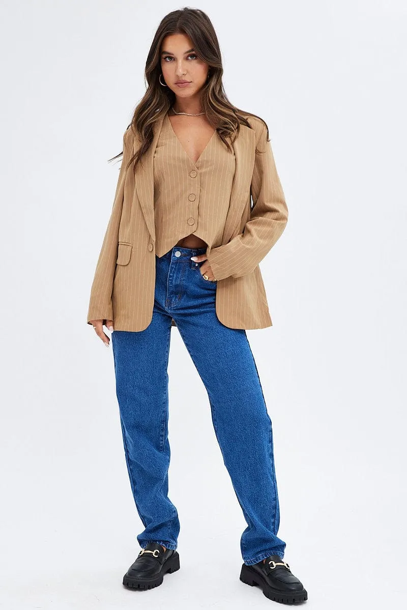 Beige Blazer Long Sleeve Tailored Single Breasted