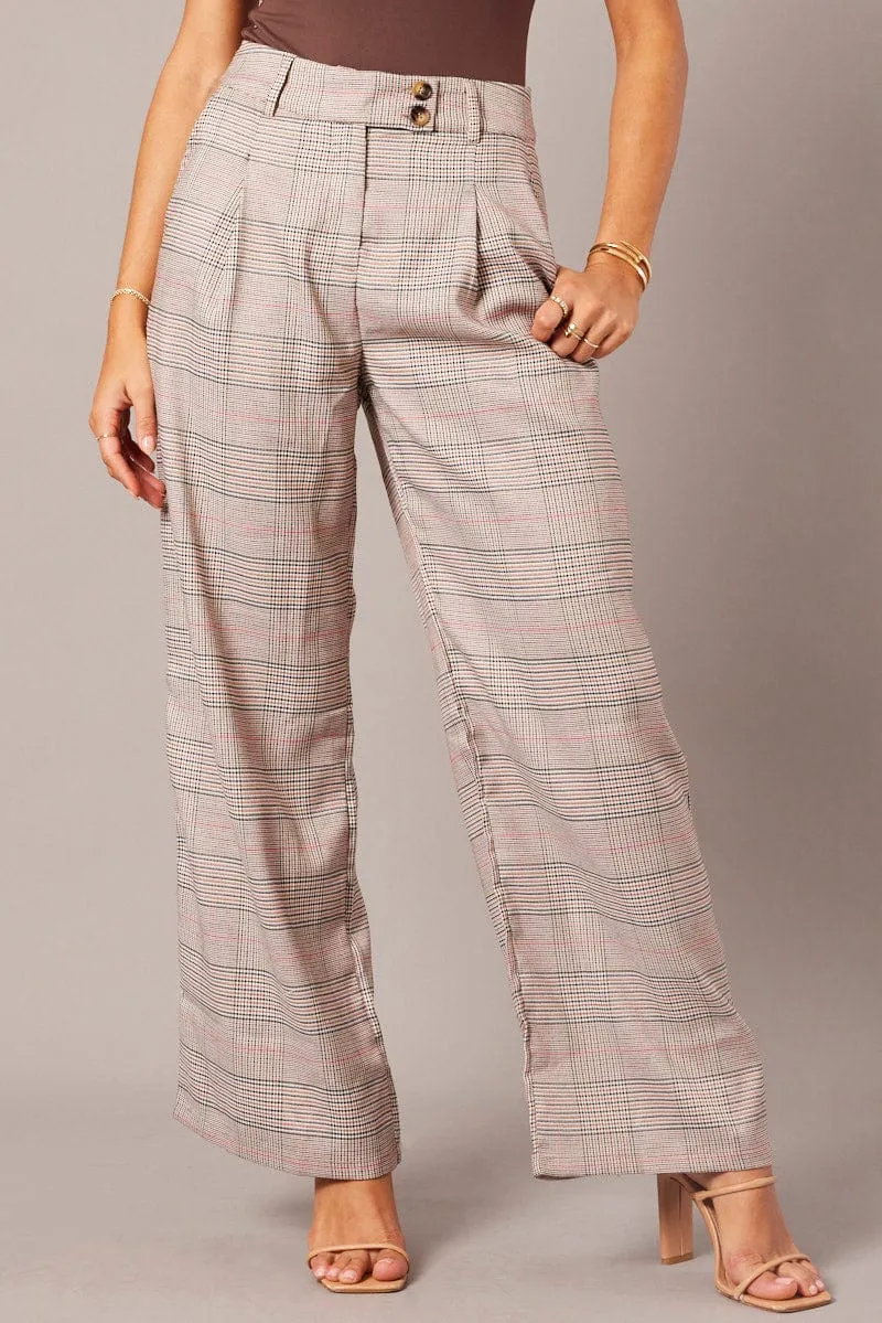 Beige Check Wide Leg Pants Tailored