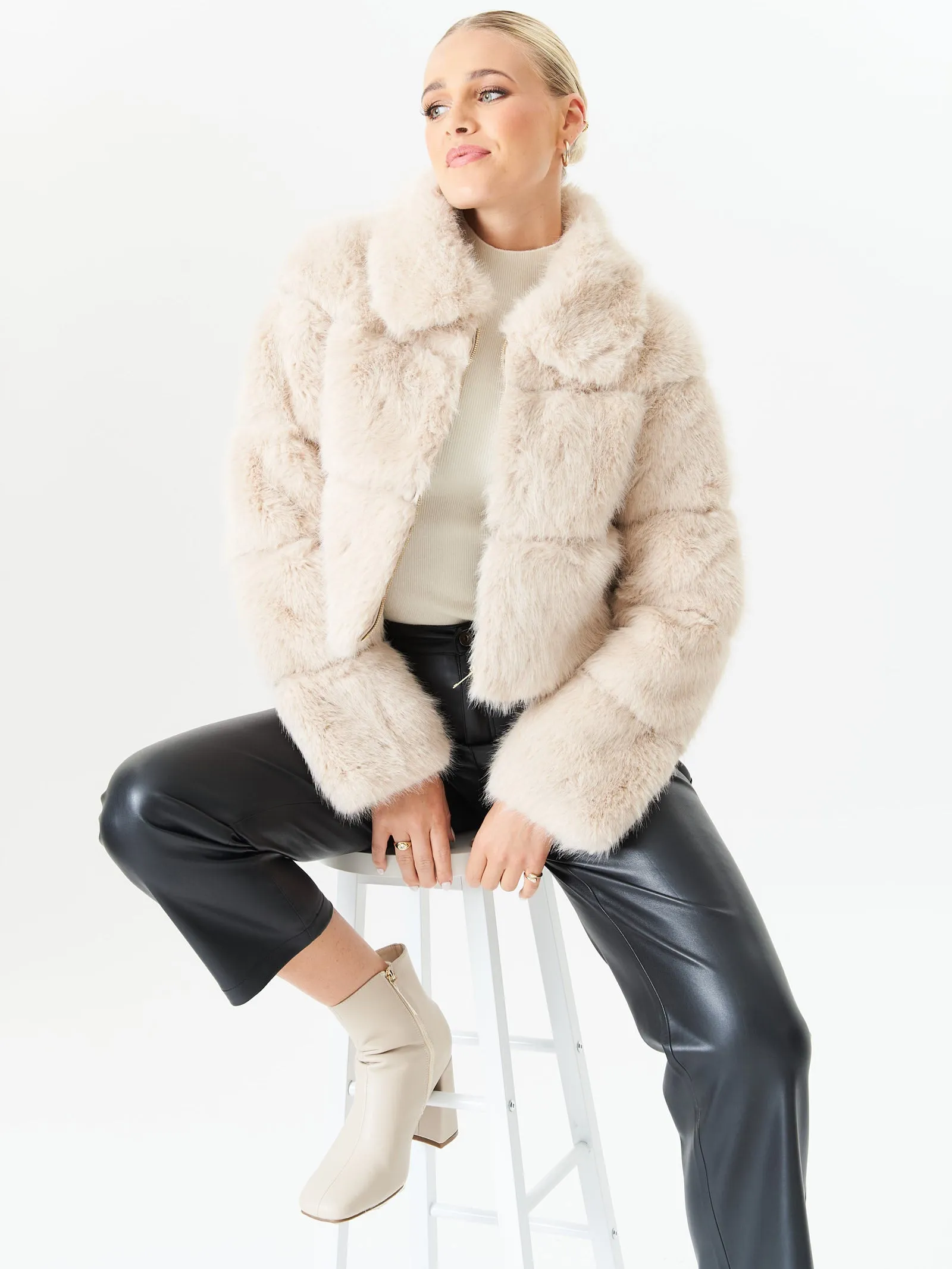 Beige Panel Faux Fur Cropped Jacket