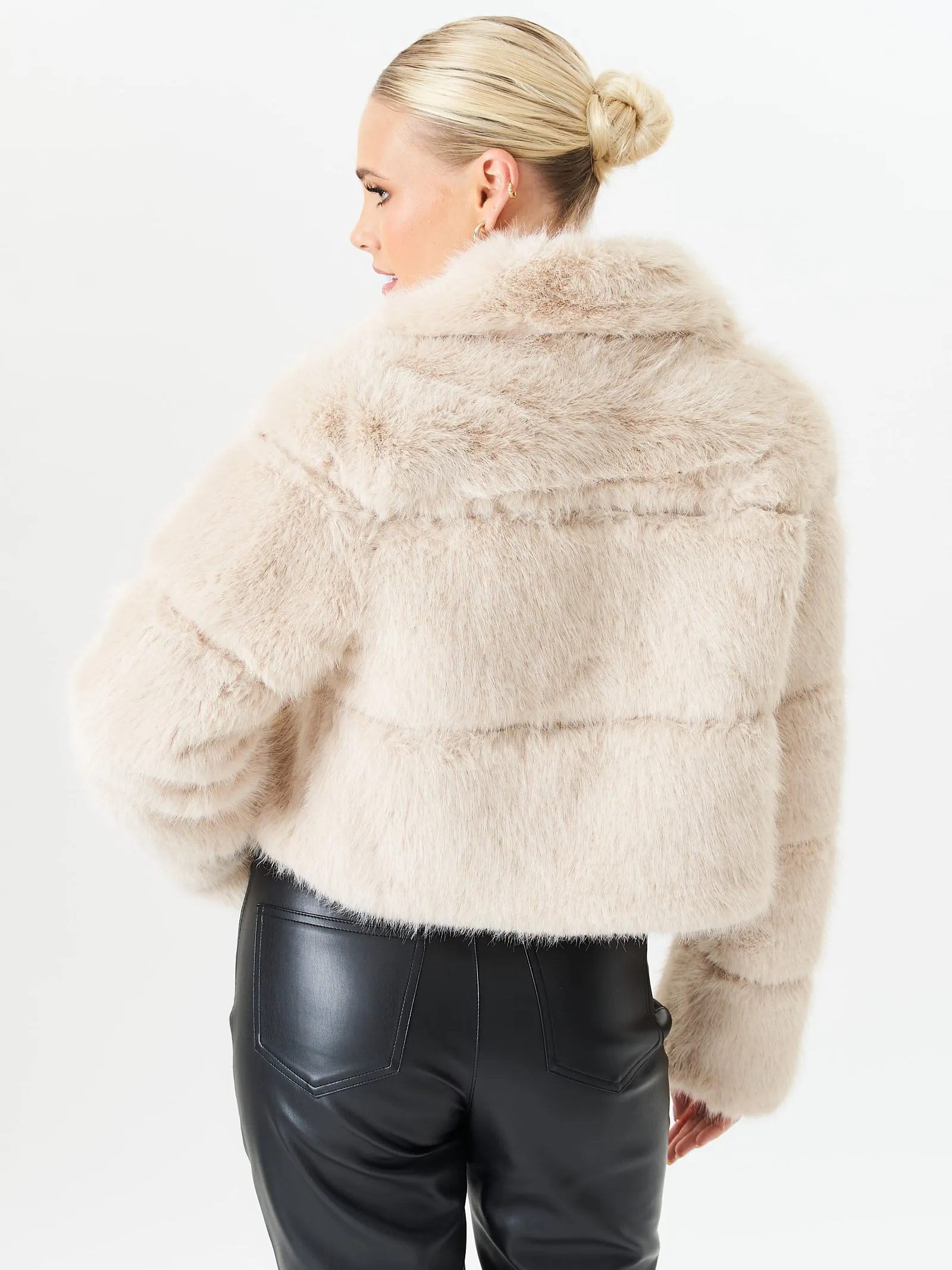 Beige Panel Faux Fur Cropped Jacket