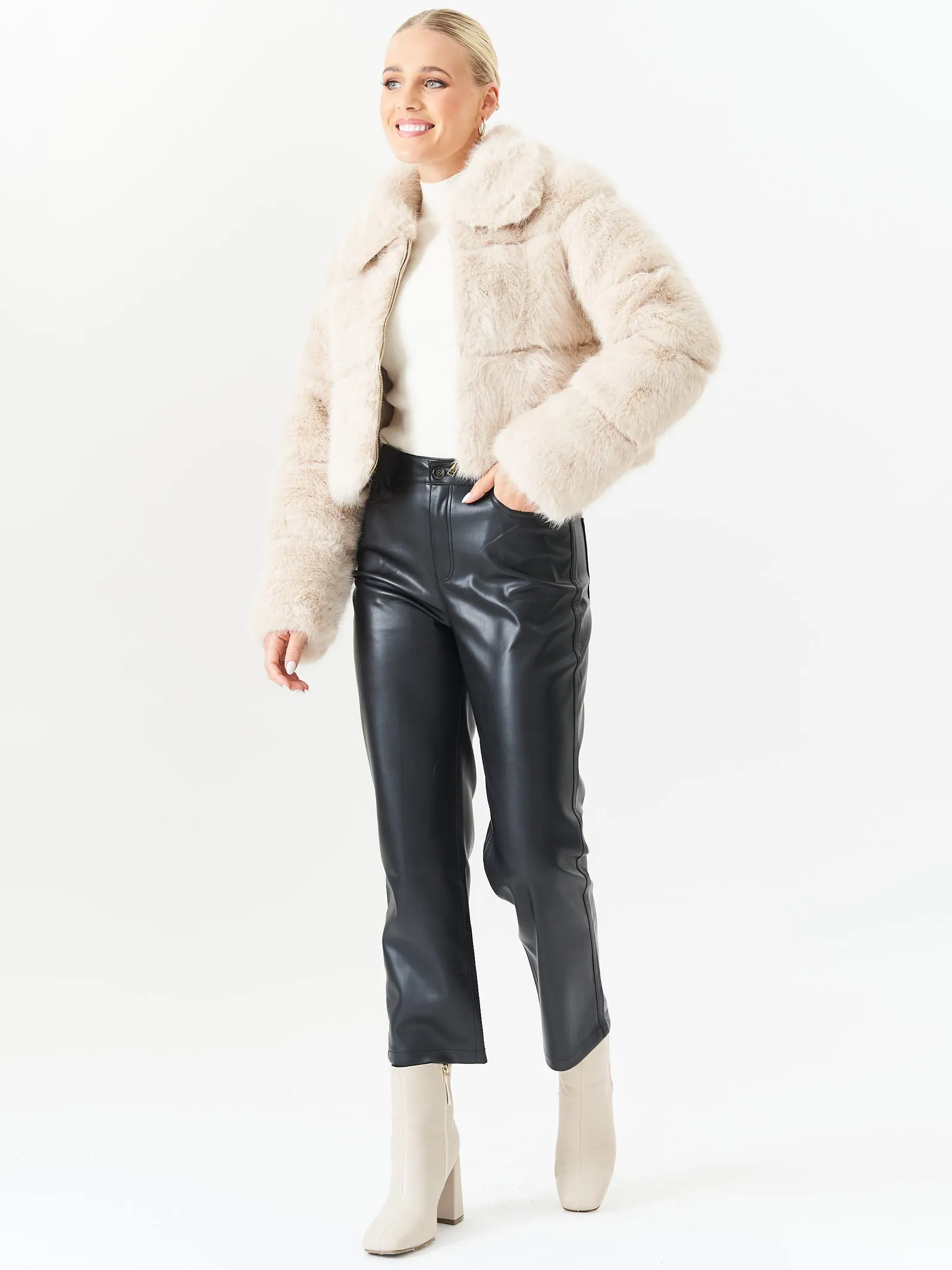 Beige Panel Faux Fur Cropped Jacket