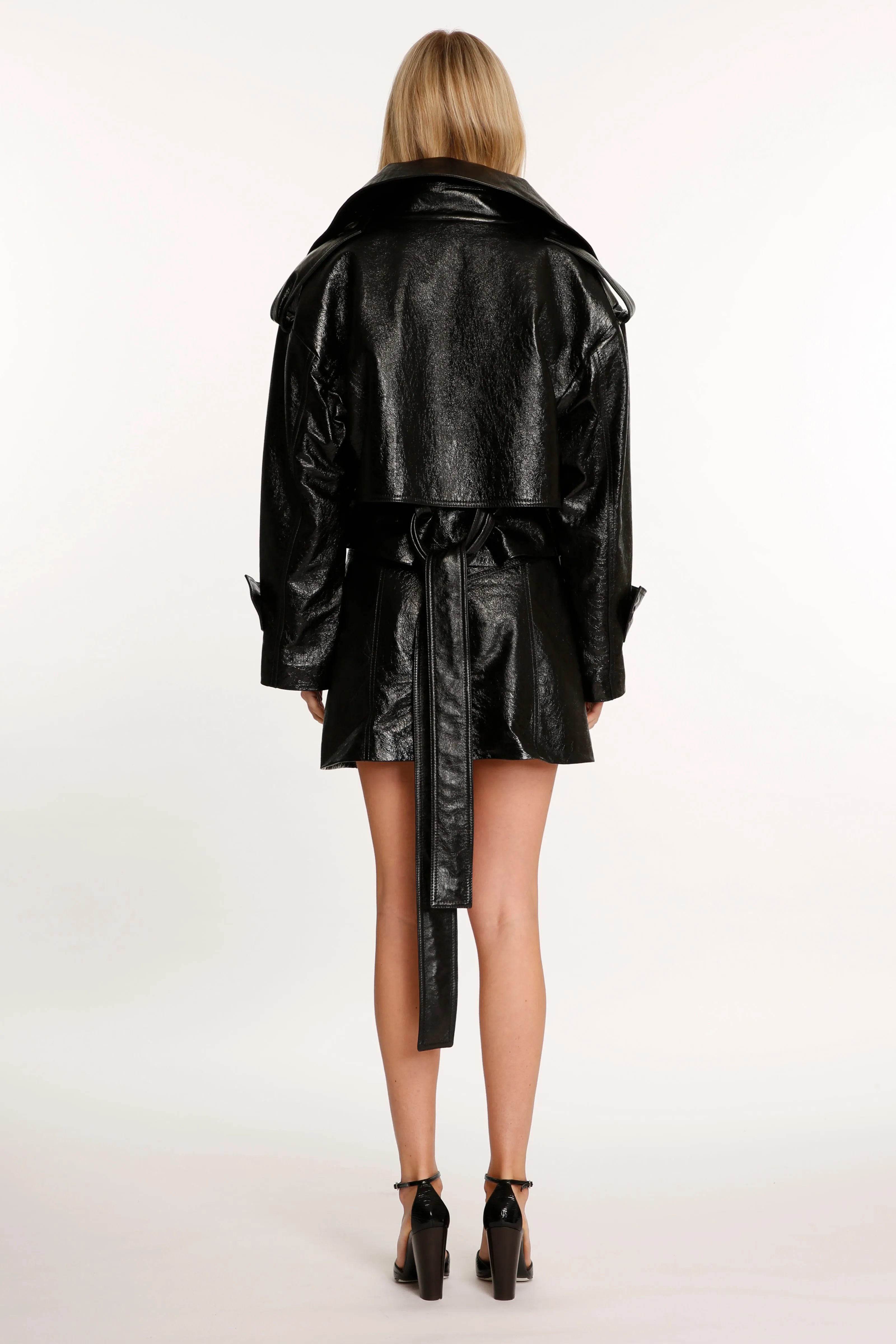 Black Cropped Leather Trench Jacket