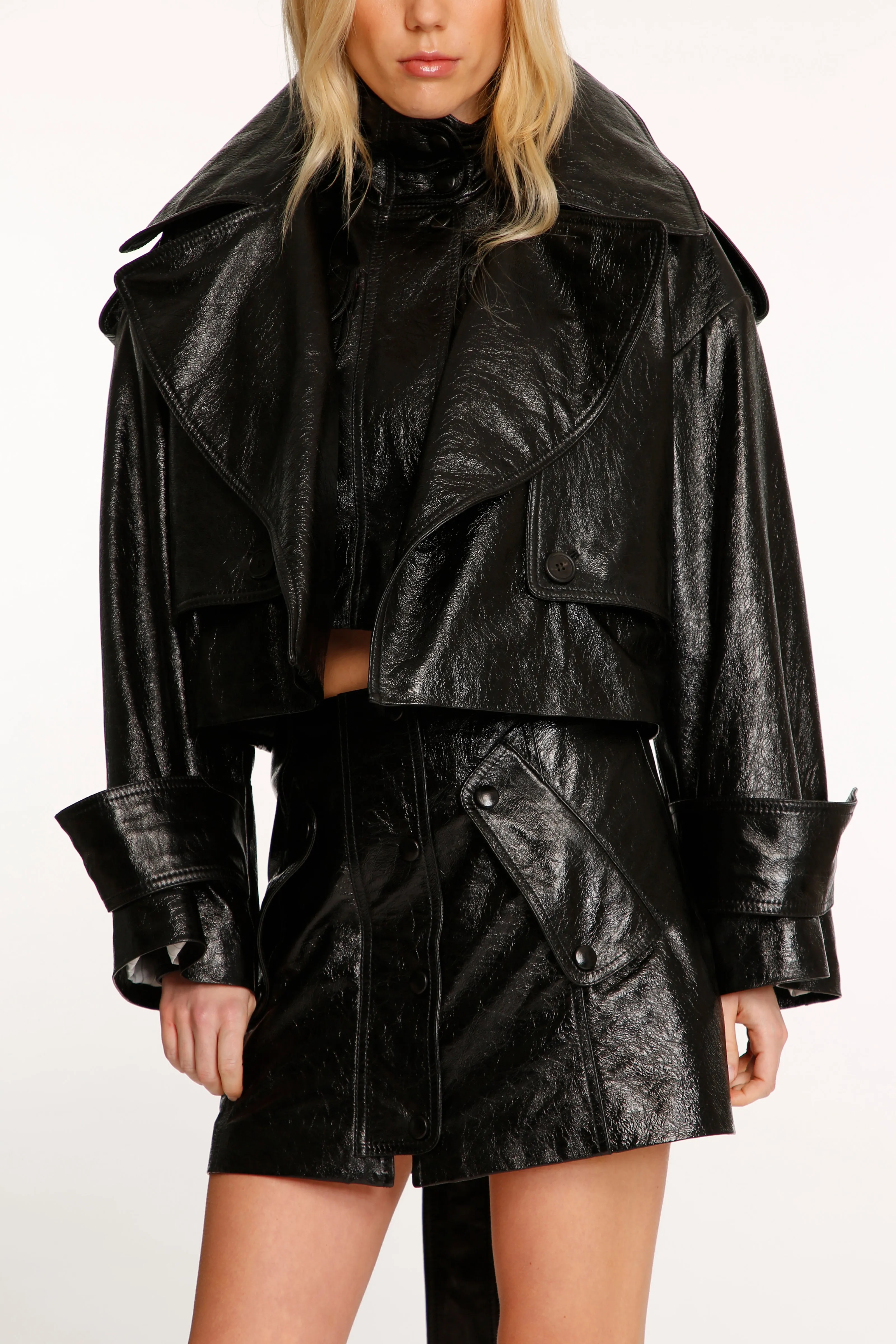 Black Cropped Leather Trench Jacket