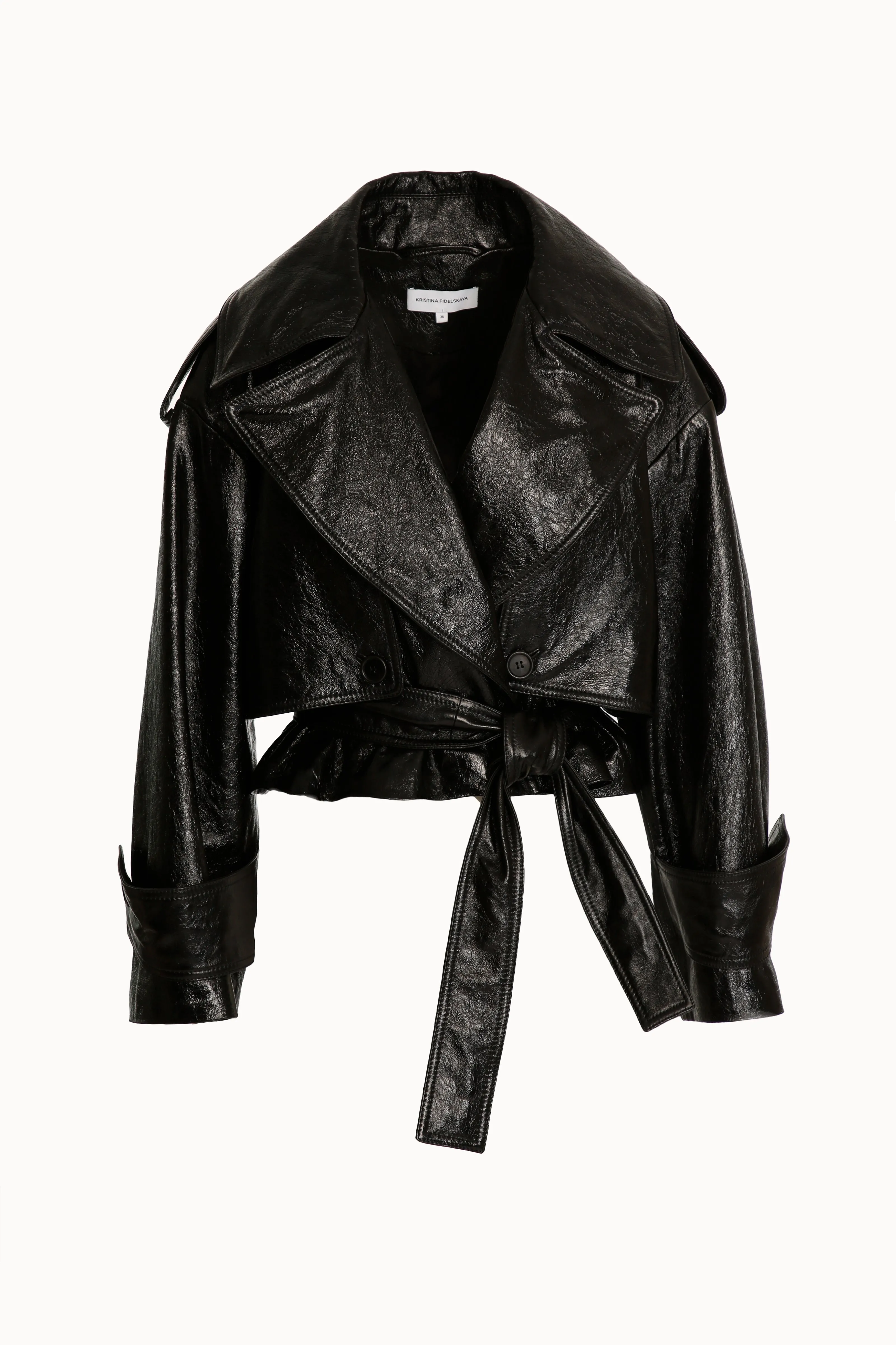 Black Cropped Leather Trench Jacket