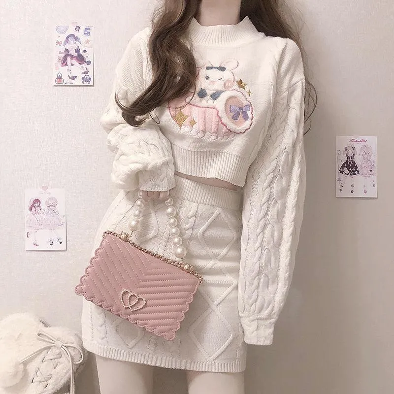 Bowknot Bunny Knit Sweater Skirt Two Piece Set