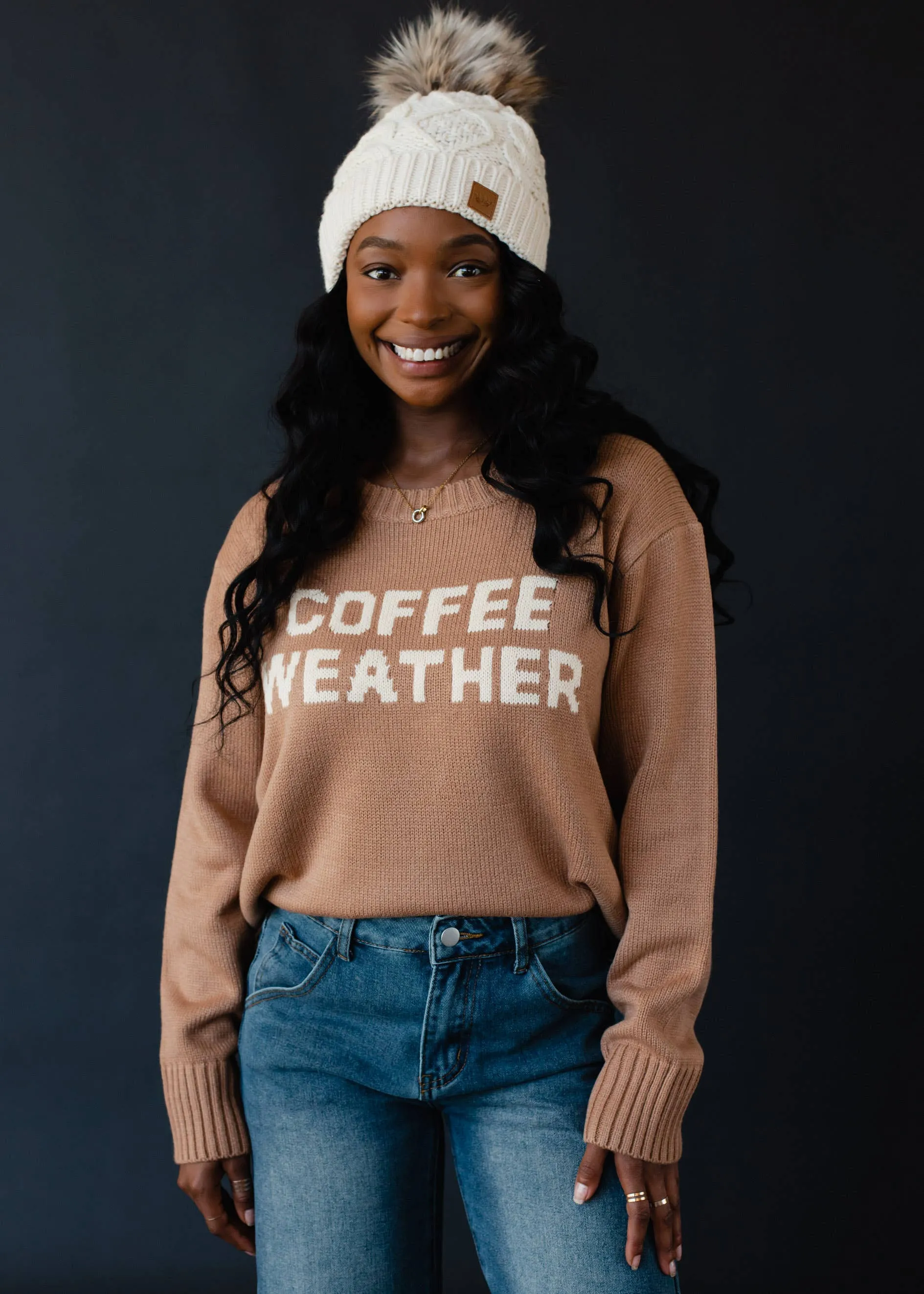 Brown Cream Graphic Coffee Weather Long Sleeve Sweater