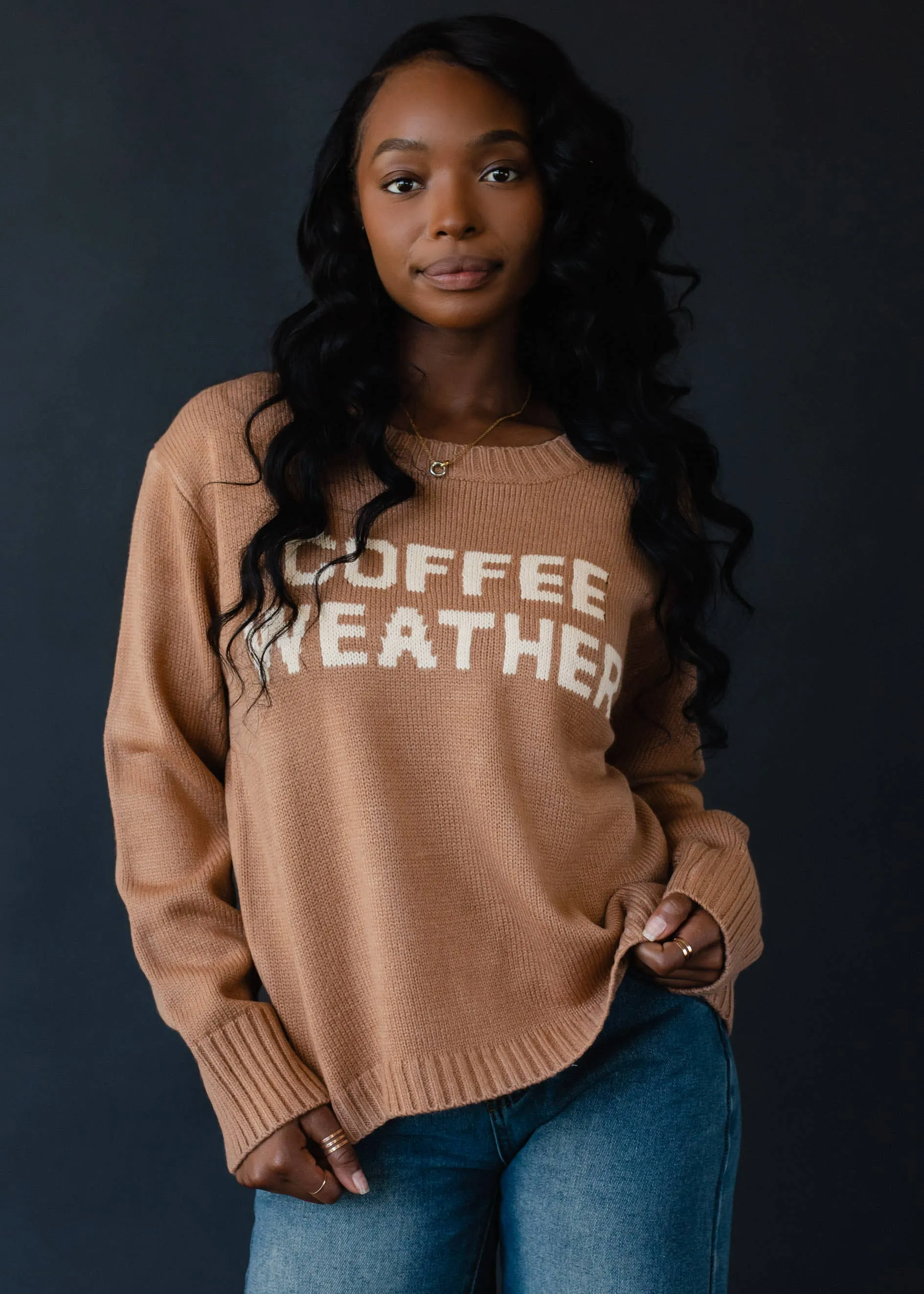 Brown Cream Graphic Coffee Weather Long Sleeve Sweater