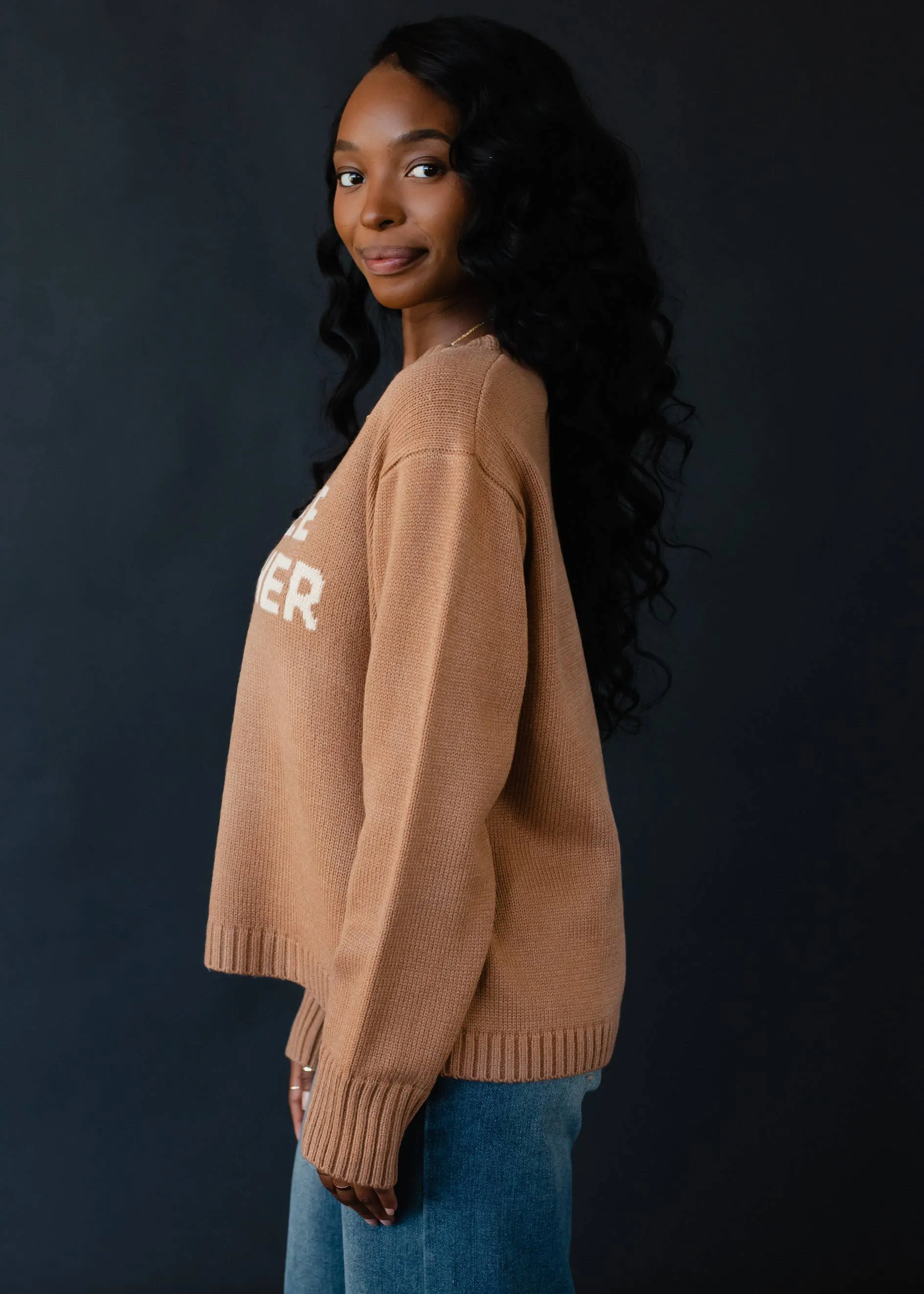 Brown Cream Graphic Coffee Weather Long Sleeve Sweater