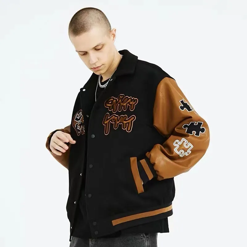 Brown Cropped Varsity Jacket Spring and Autumn New Puzzle Embroidery Baggy Coat