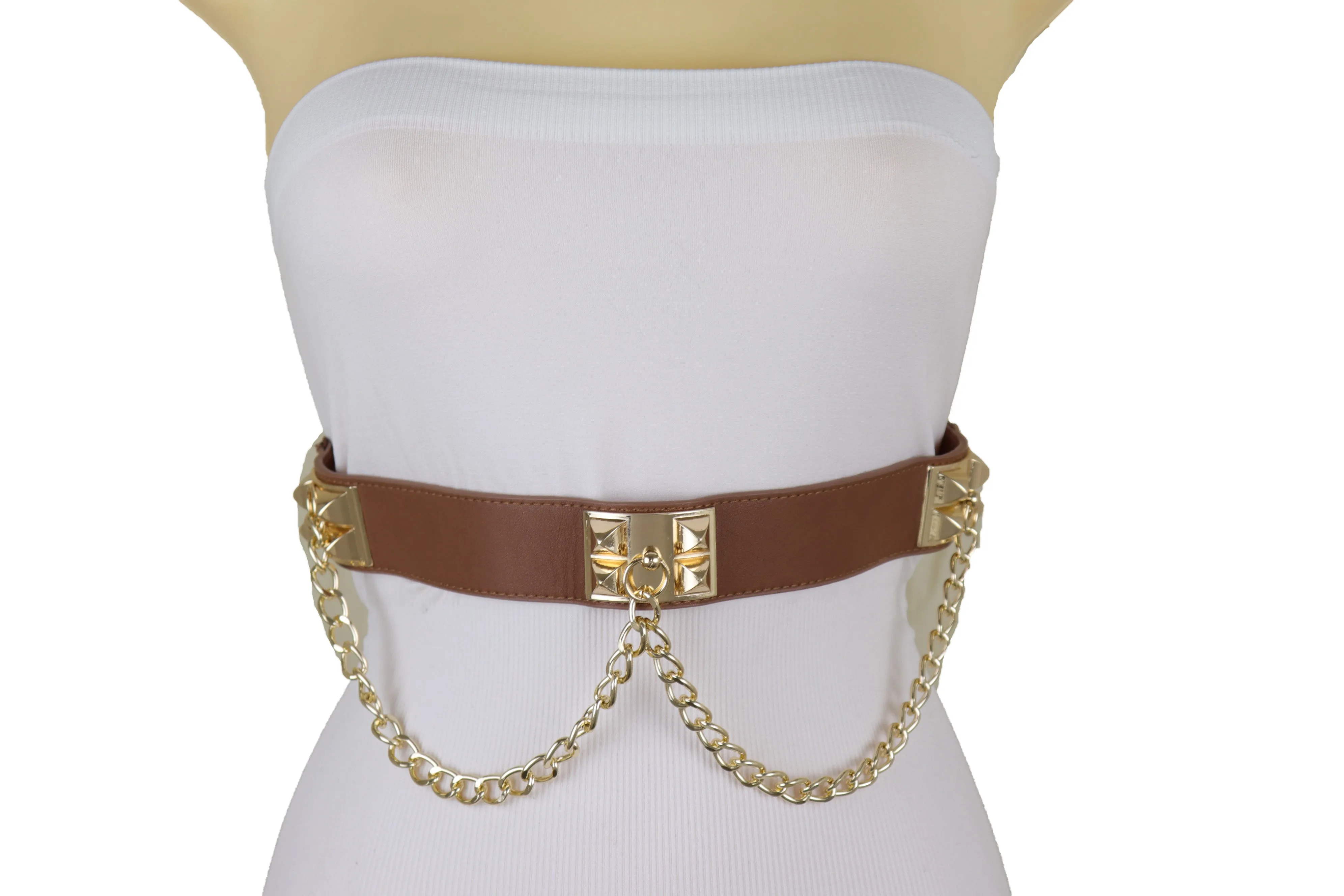 Brown Faux Leather Elastic Waistband Belt Gold Metal Chain Wave S M