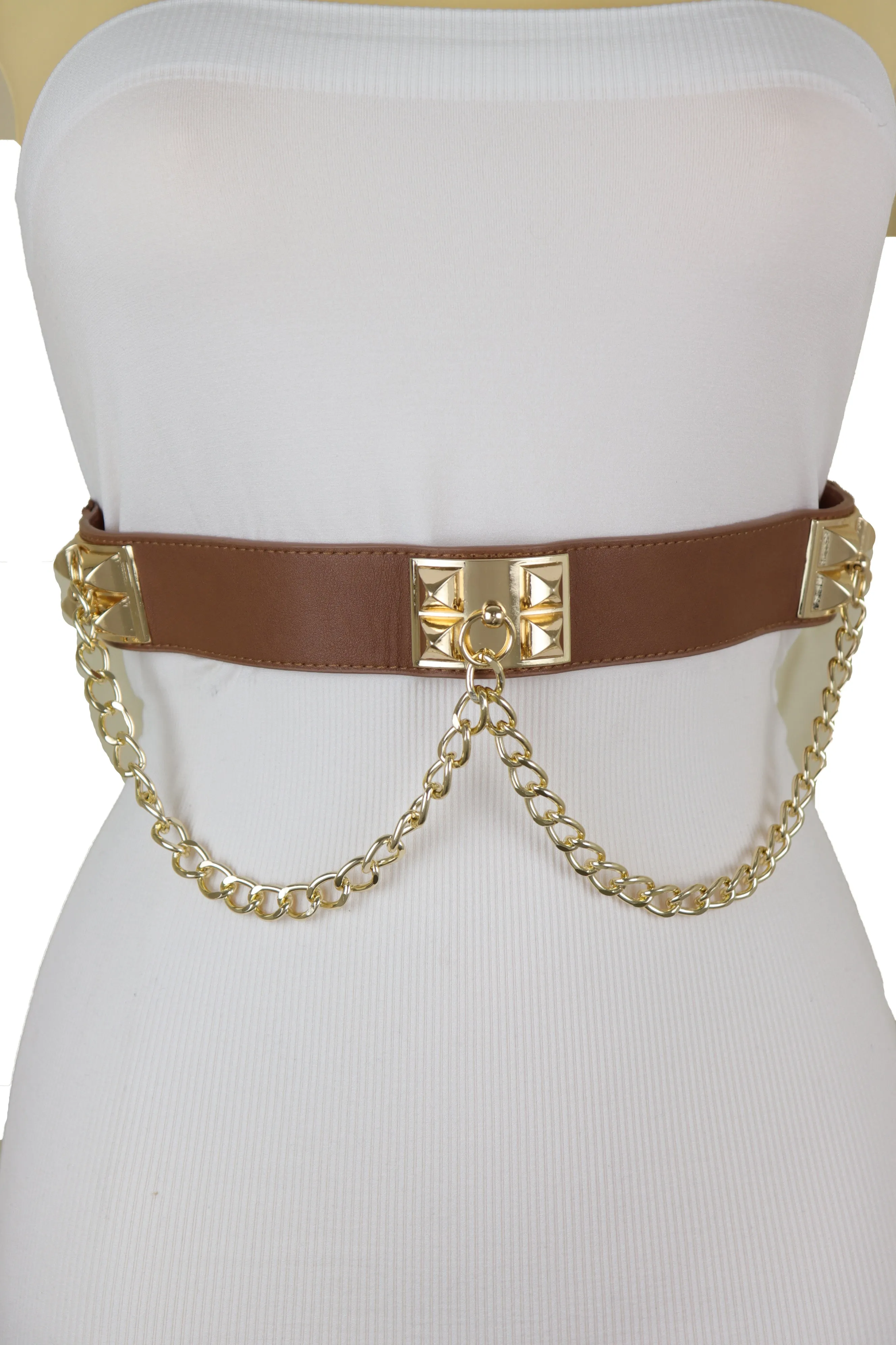 Brown Faux Leather Elastic Waistband Belt Gold Metal Chain Wave S M