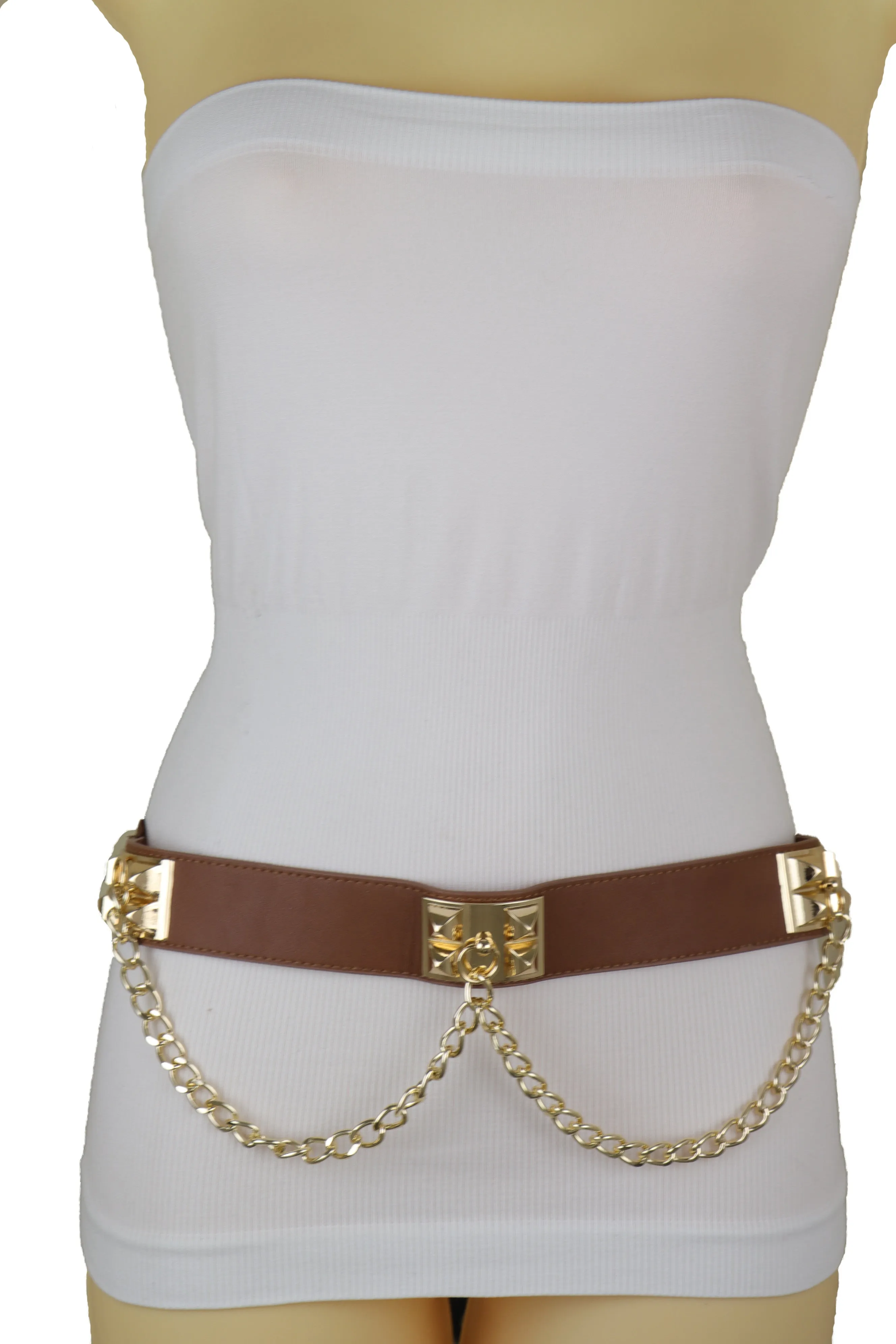 Brown Faux Leather Elastic Waistband Belt Gold Metal Chain Wave S M