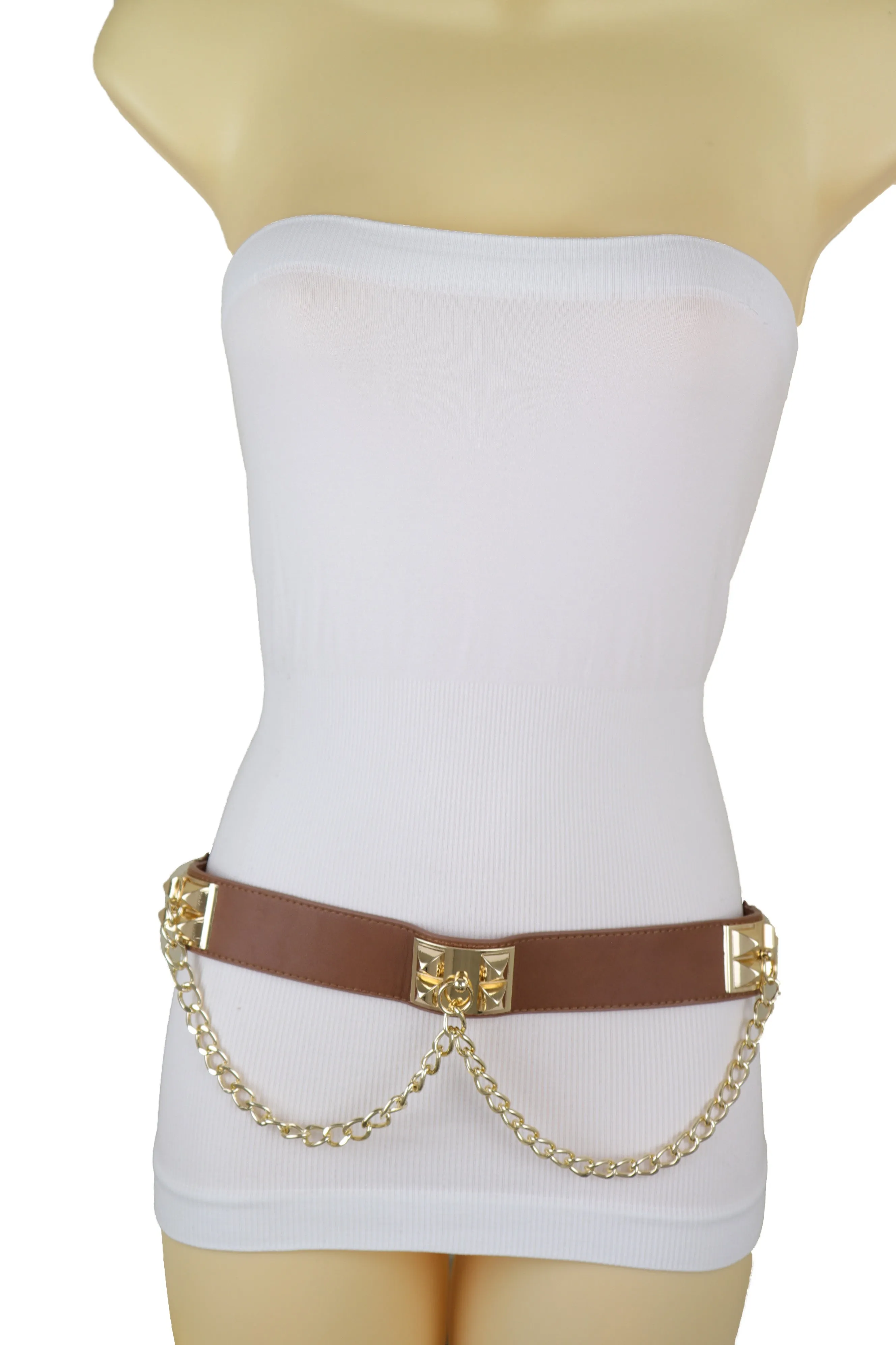 Brown Faux Leather Elastic Waistband Belt Gold Metal Chain Wave S M