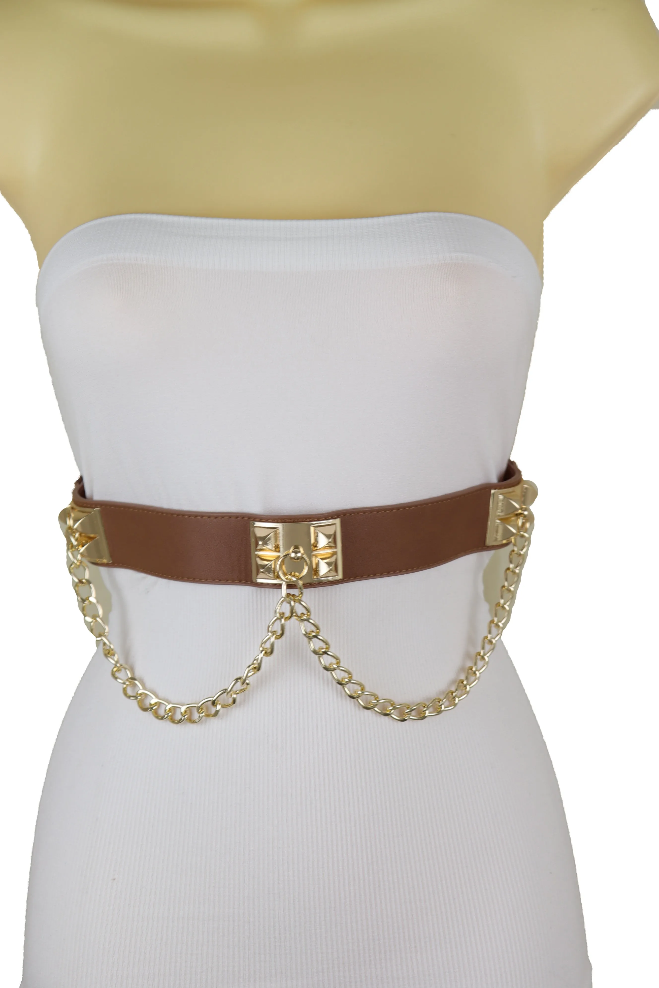 Brown Faux Leather Elastic Waistband Belt Gold Metal Chain Wave S M