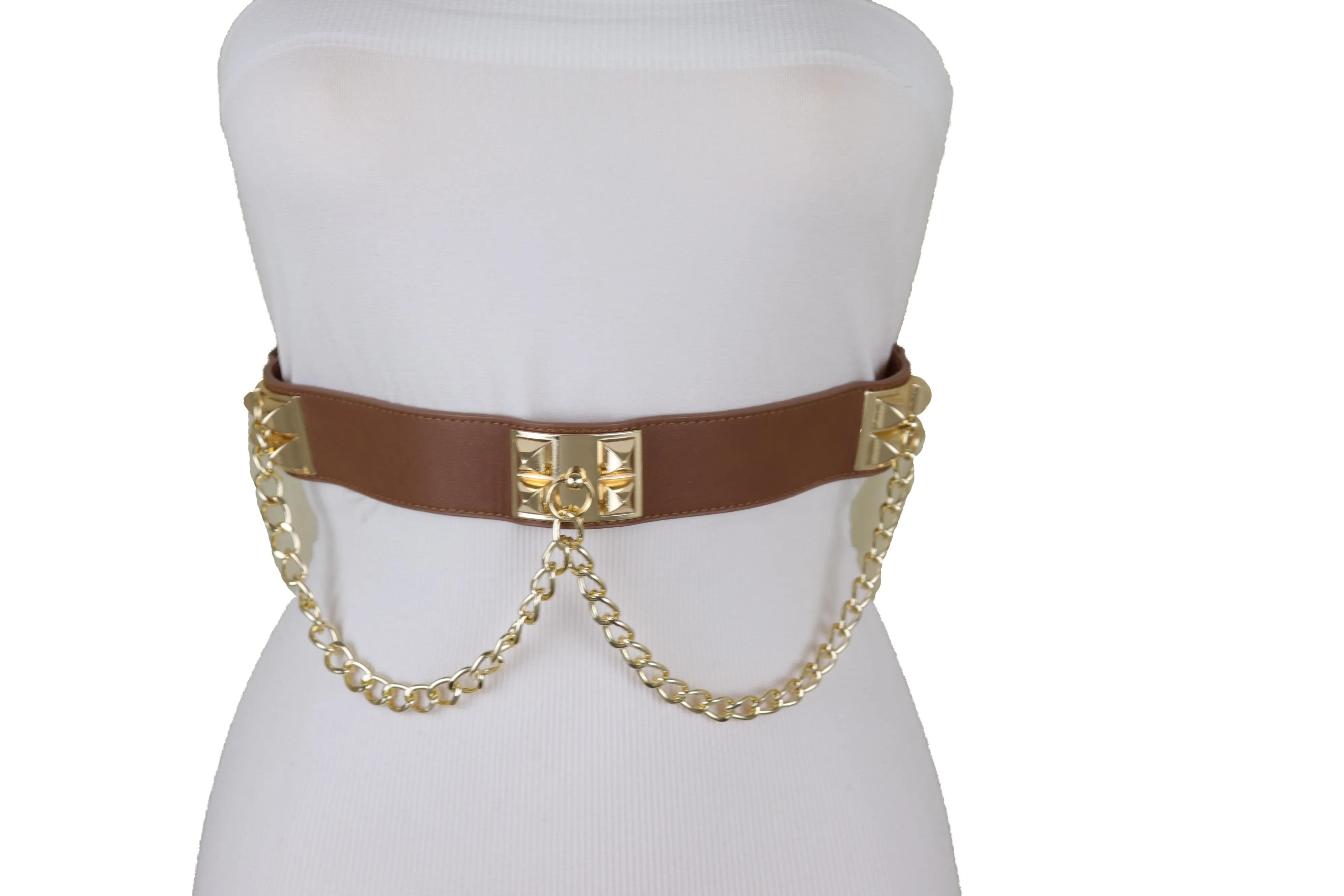 Brown Faux Leather Elastic Waistband Belt Gold Metal Chain Wave S M