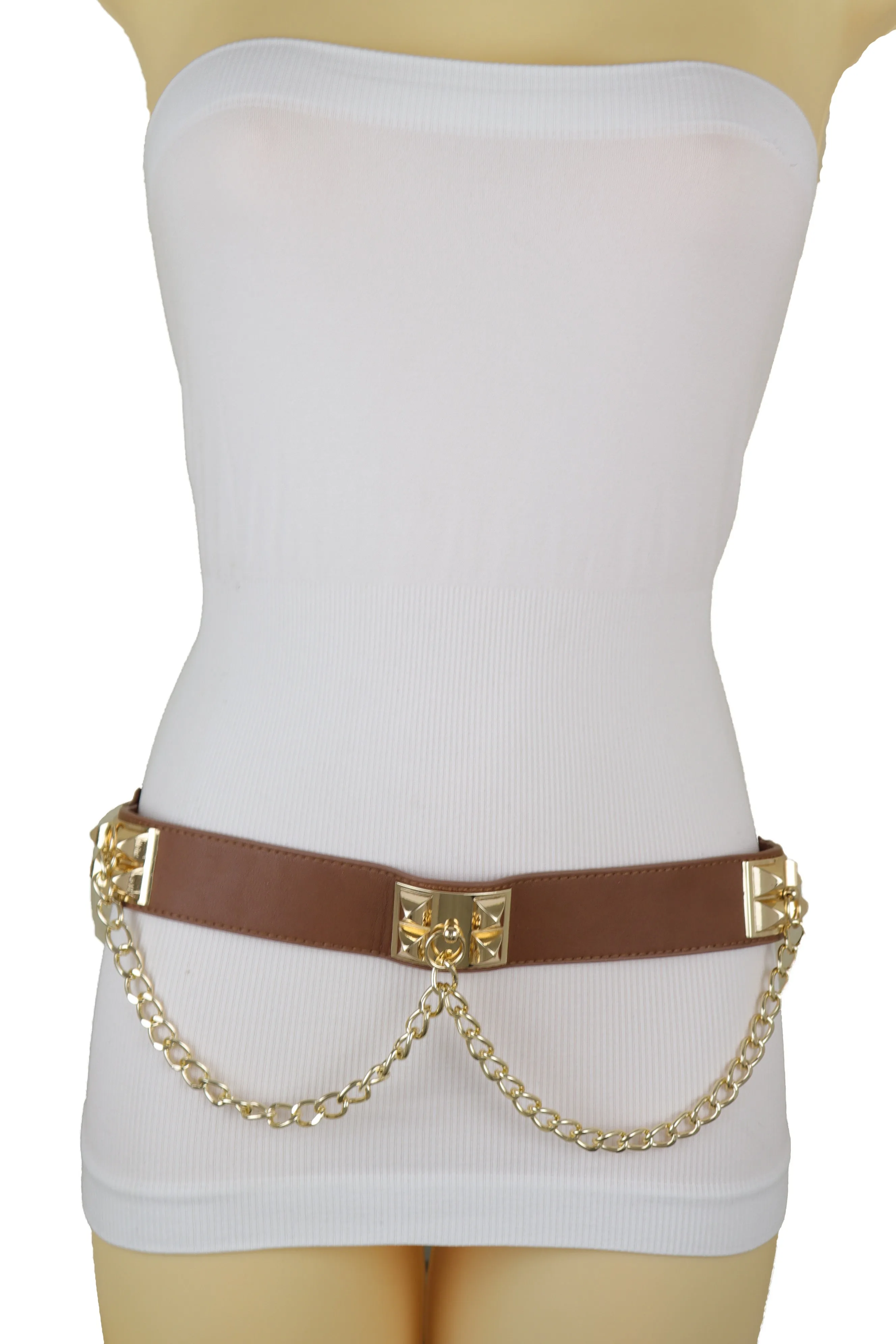 Brown Faux Leather Elastic Waistband Belt Gold Metal Chain Wave S M