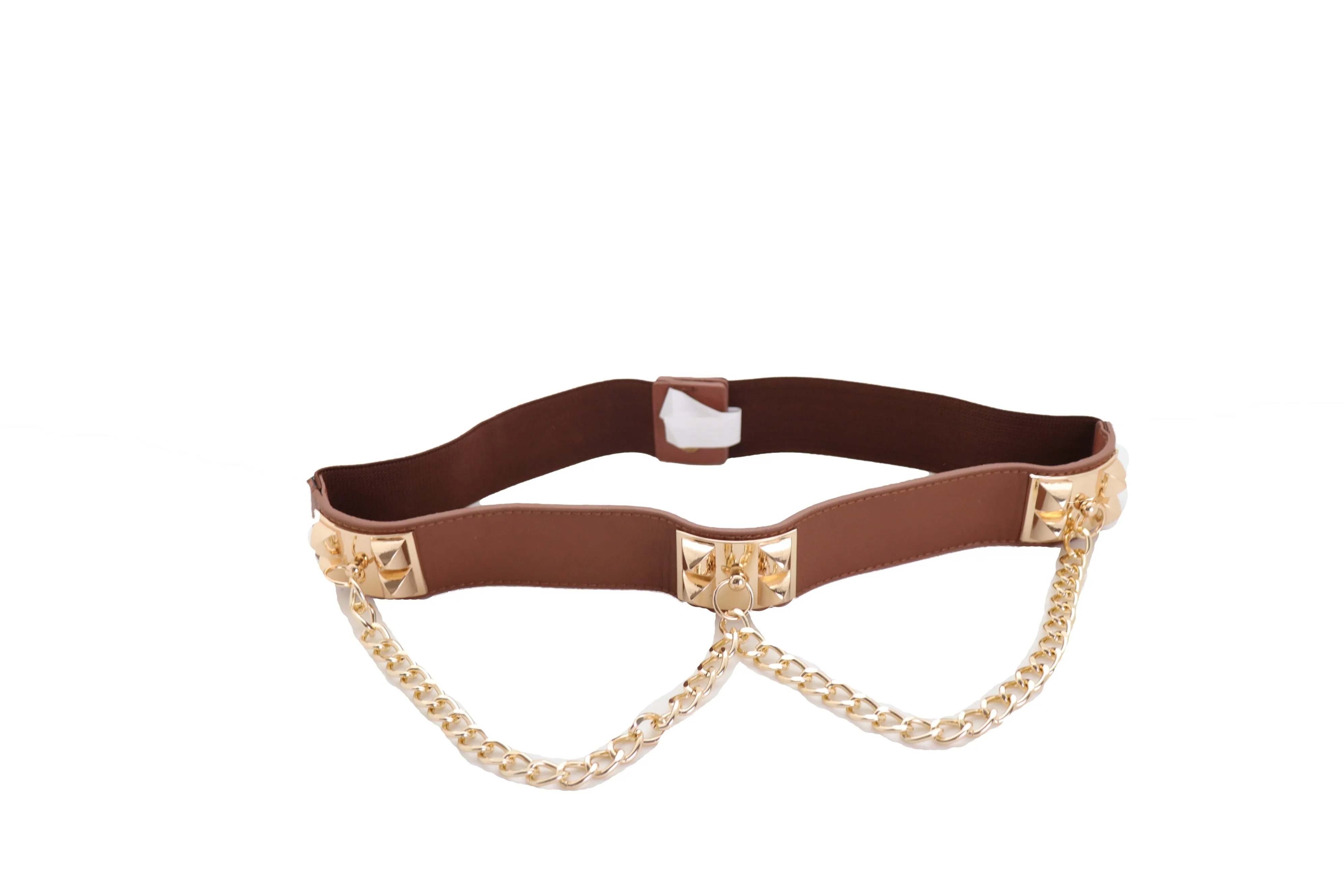 Brown Faux Leather Elastic Waistband Belt Gold Metal Chain Wave S M