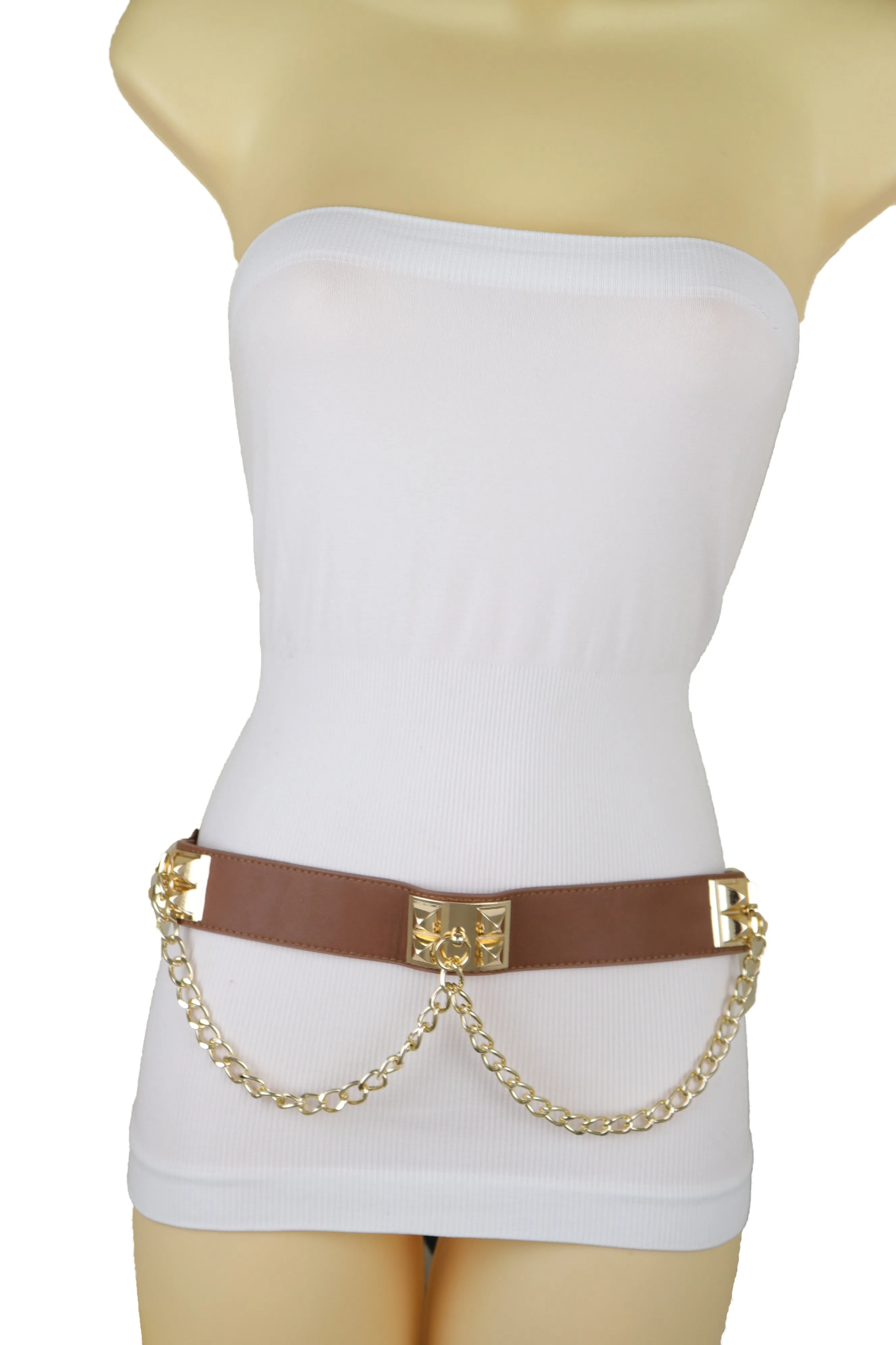 Brown Faux Leather Elastic Waistband Belt Gold Metal Chain Wave S M