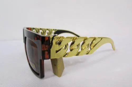 Brown Leopard Black Chunky Gold Chains Sunglasses Frame Plastic Hip Hop Accessories