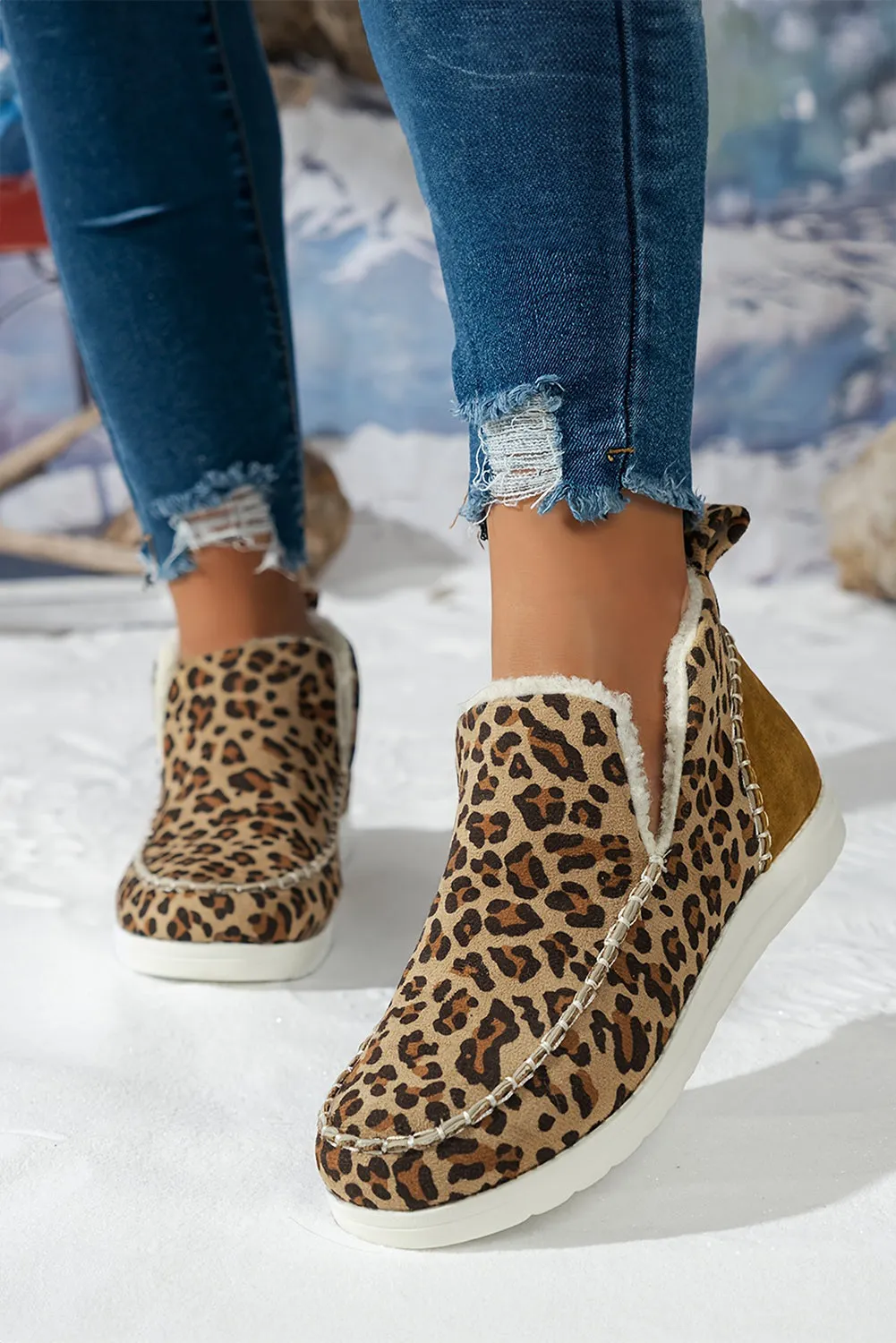 Brown Leopard Print Fleece Lined Winter Snow Boots