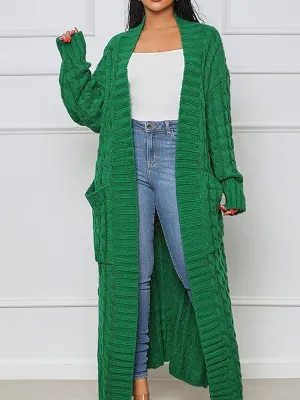 Cable Knitted Women Cardigan Winter Thick Long Sleeve Pockets Open Front Longline Loose Sweater Female Top 2XL B-27022