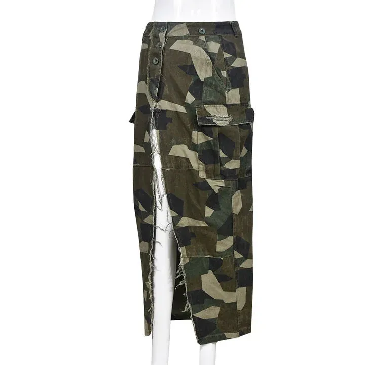 Camouflage Skirts For Women High Waist Split Patchwork Tassel Temperament Skirt  Female Fashion Clothing