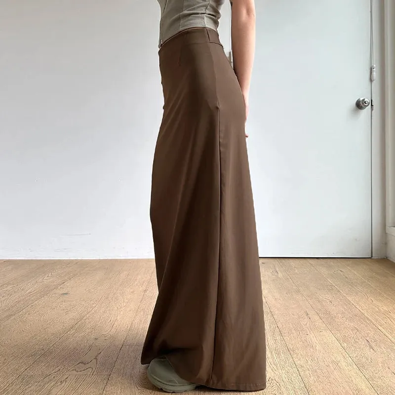 Casual Elegant Retro Solid Long Skirt Korean Fashion Split Summer Chic Women Skirts High Waisted Brown Clothes Bottom