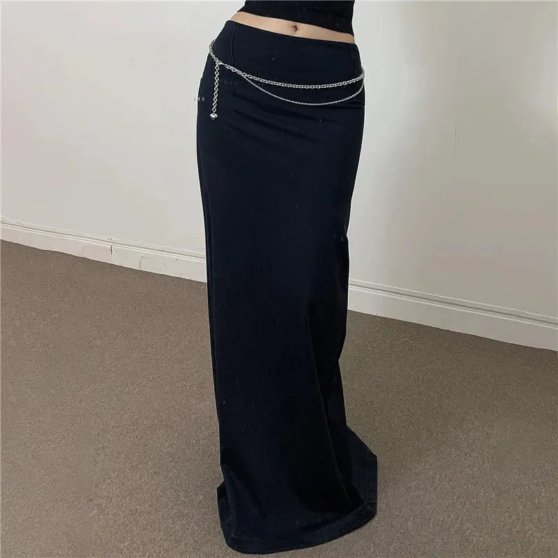 Casual Elegant Retro Solid Long Skirt Korean Fashion Split Summer Chic Women Skirts High Waisted Brown Clothes Bottom