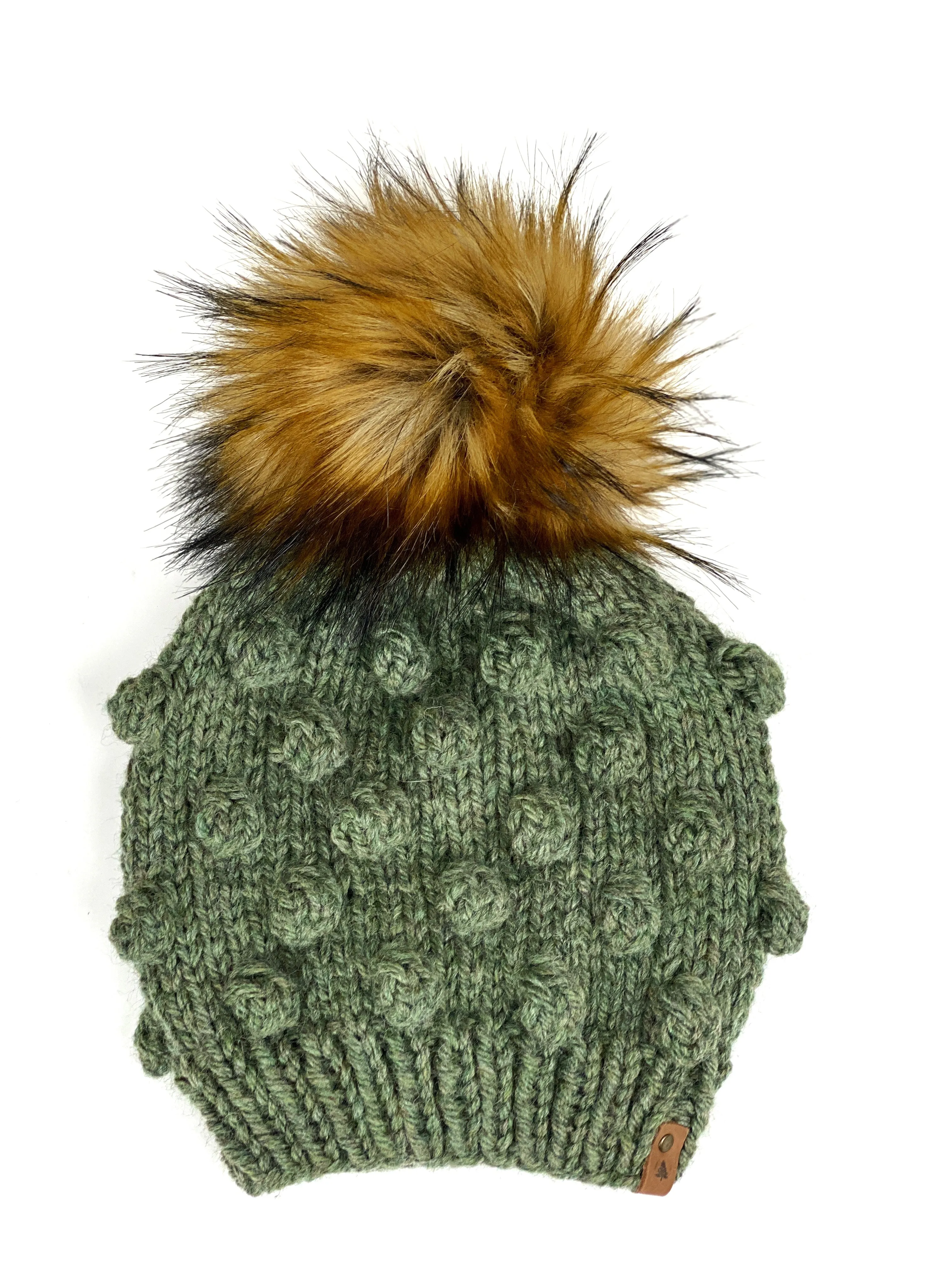 Chunky Bobble Beanie and Faux Fur Pom, Womens Wool Blend Hat, Pom Pom Hat