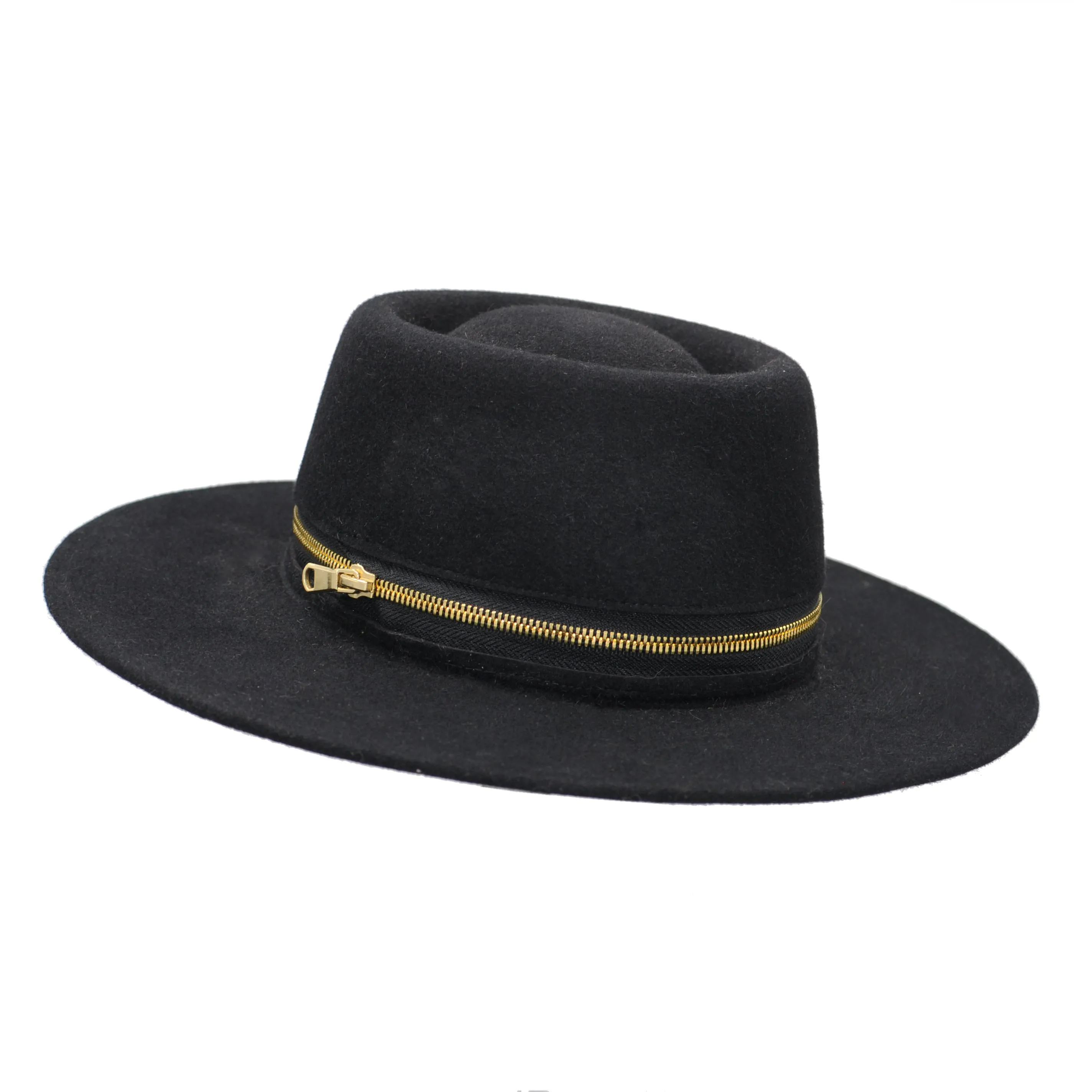 Cleo: Black Felt Fedora Boater Hat With Gold Zipper As Seen On Erika Fox