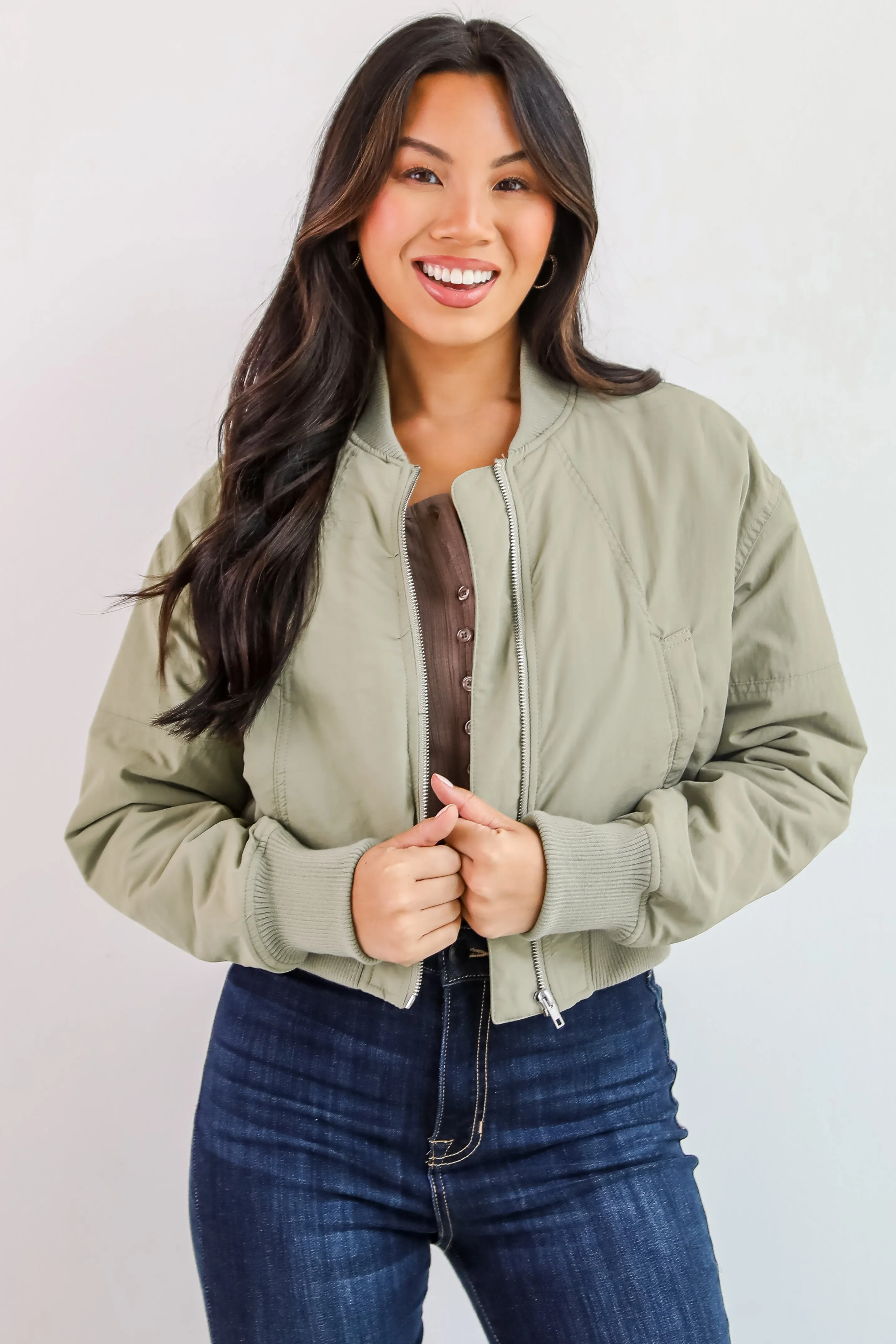 Cool Impulse Light Olive Cropped Bomber Jacket