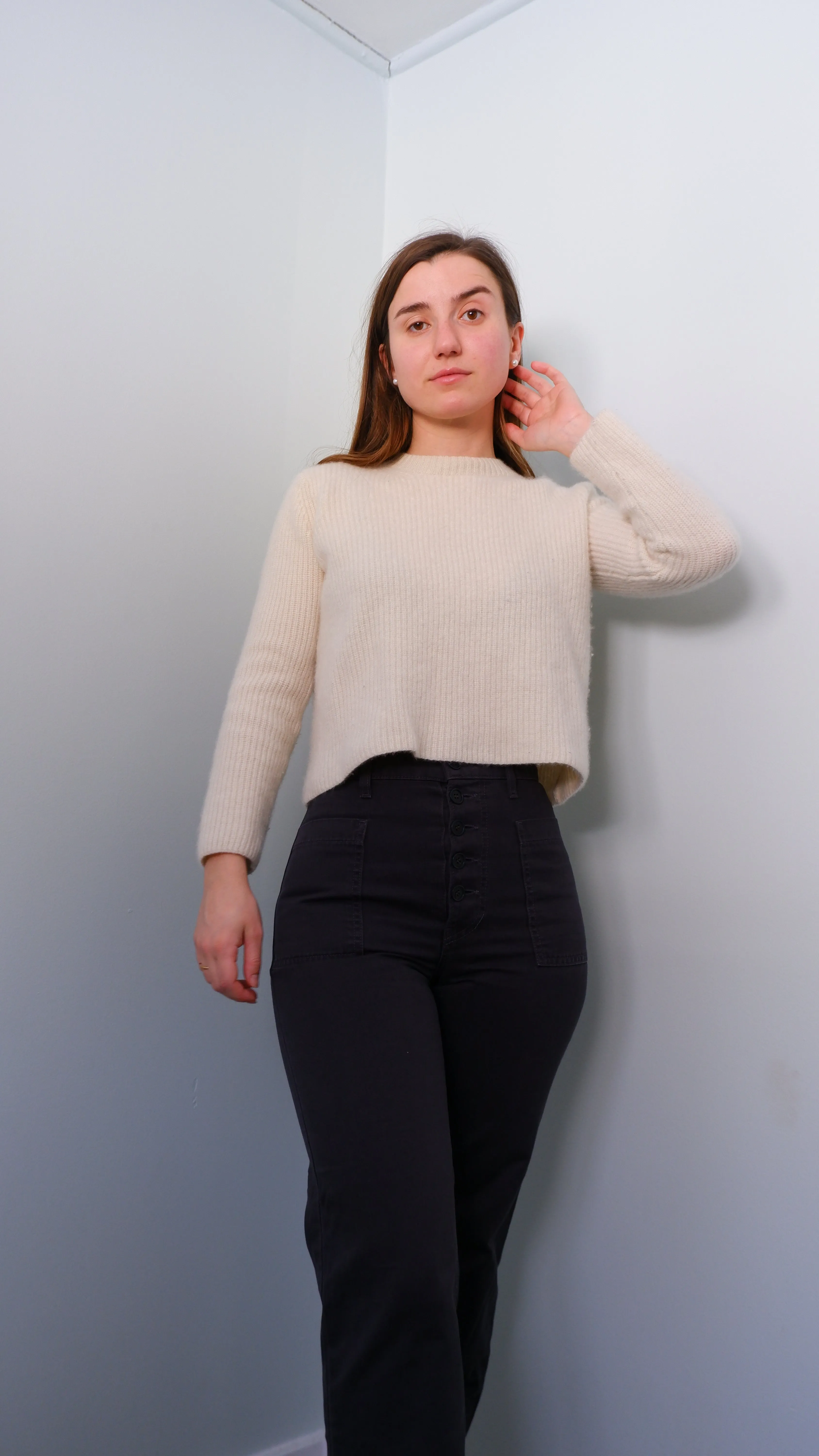 Cream 100% Cashmere Boxy Crew Neck Sweater - S