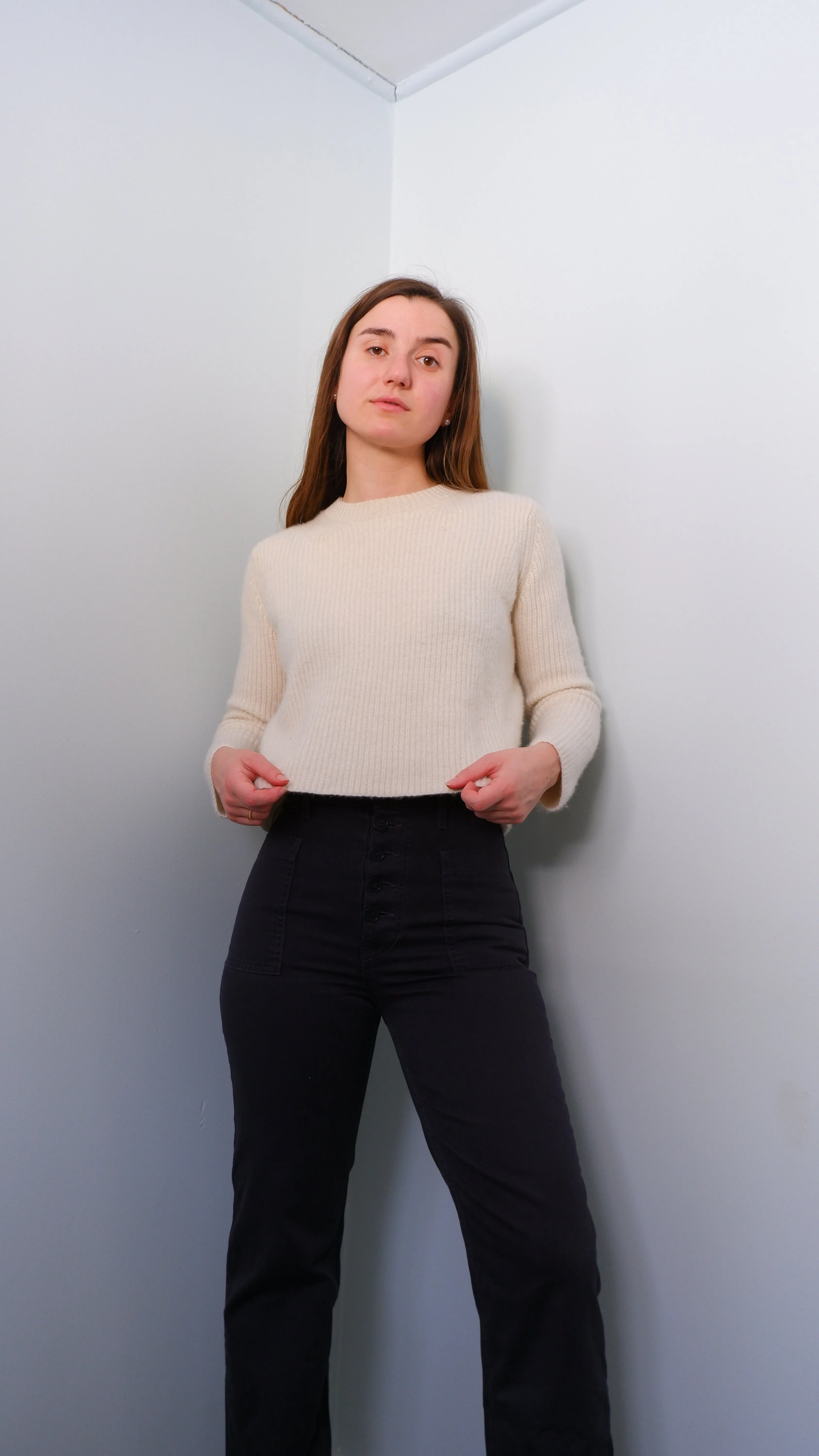 Cream 100% Cashmere Boxy Crew Neck Sweater - S