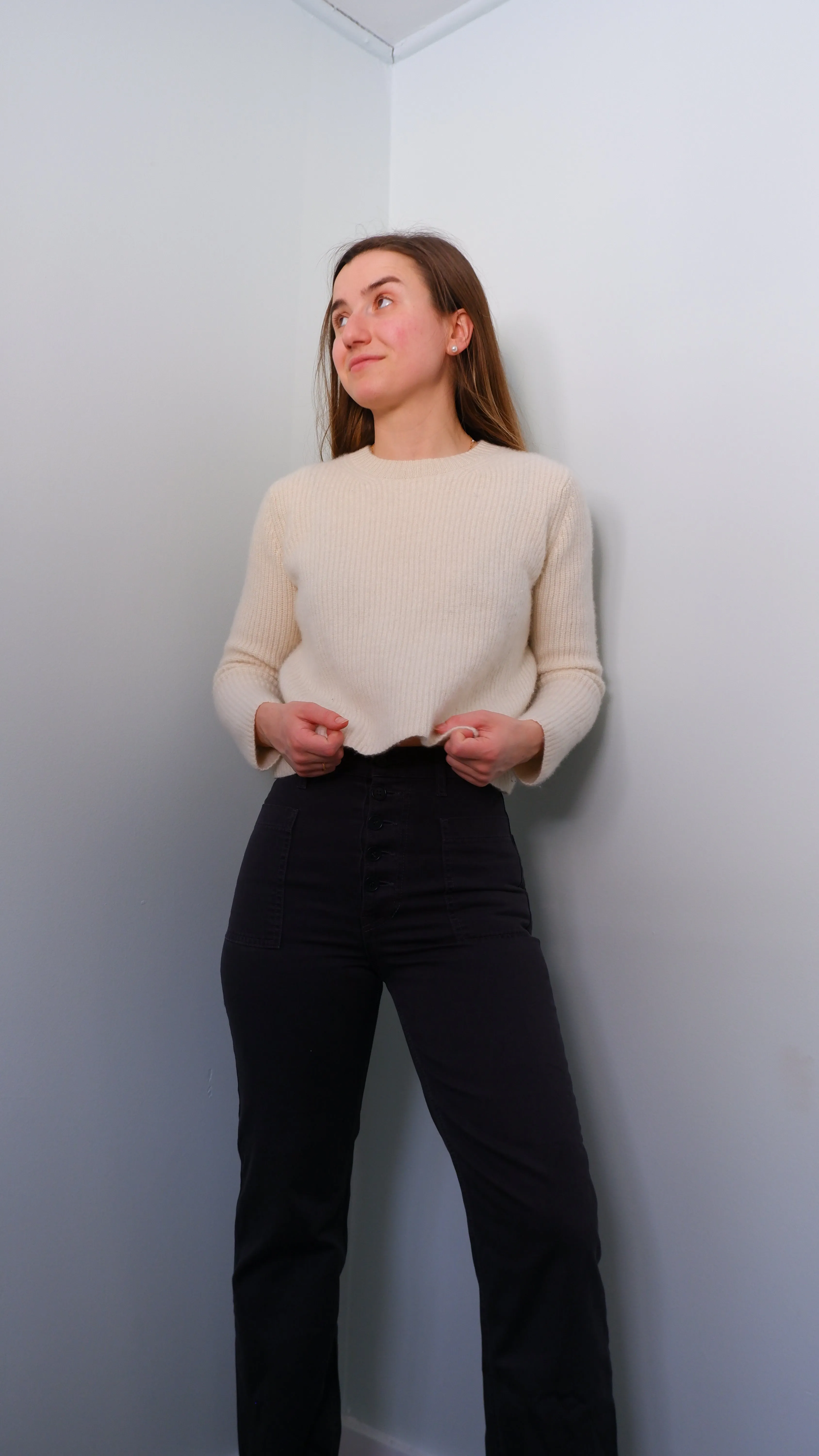 Cream 100% Cashmere Boxy Crew Neck Sweater - S