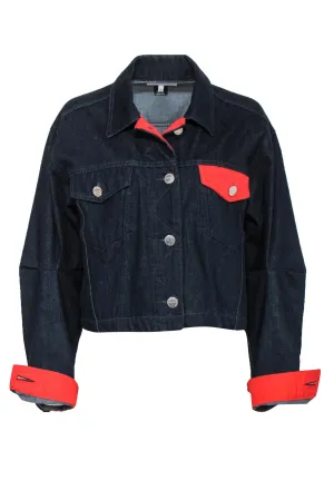 Current/Elliott - Dark Wash Button-Up Cropped Denim Jacket w/ Red Trim Sz 2