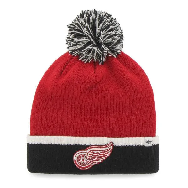 Detroit Red Wings 47 Brand Red Black Baraka Knit Cuffed Poofball Beanie Hat Cap