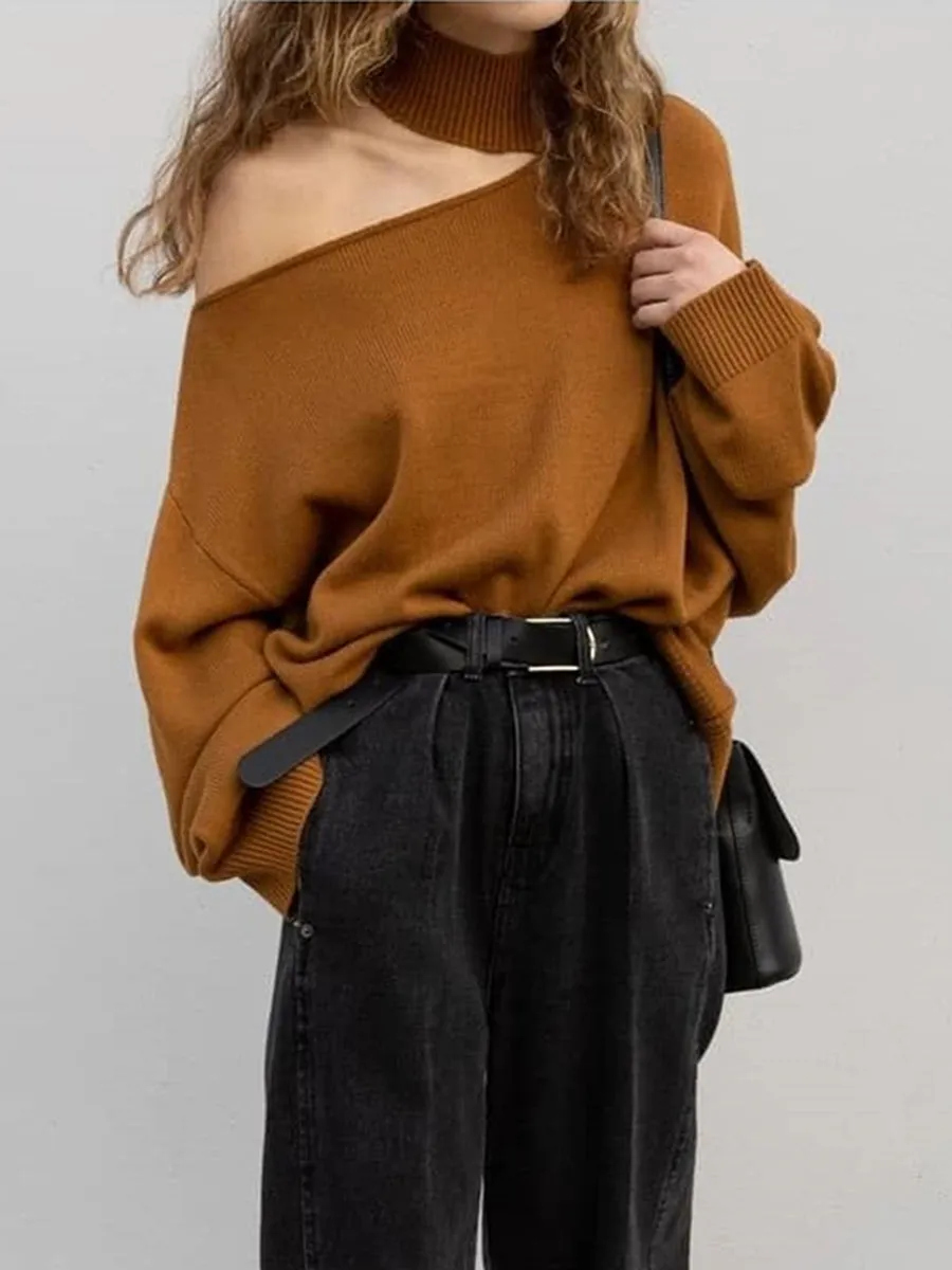 Fashion One-shoulder Long-sleeved Knitted Top