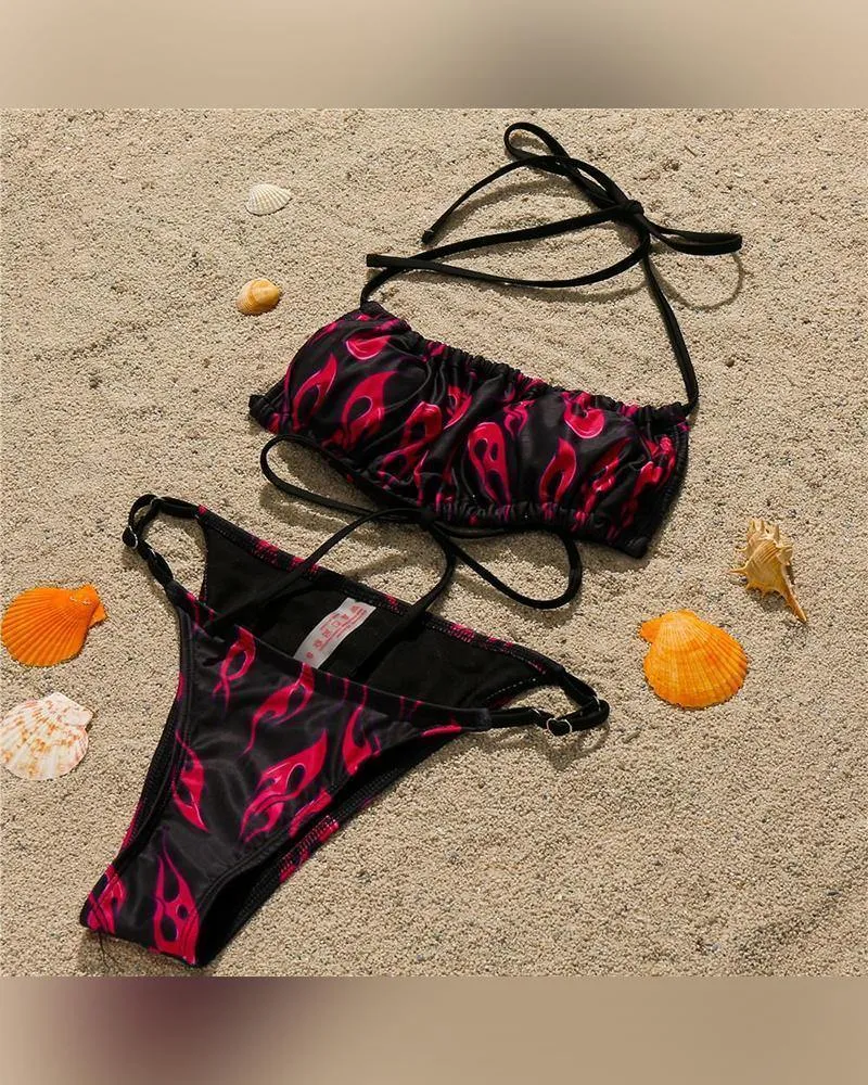 Flame Print Sleeveless Lace-up Bikini