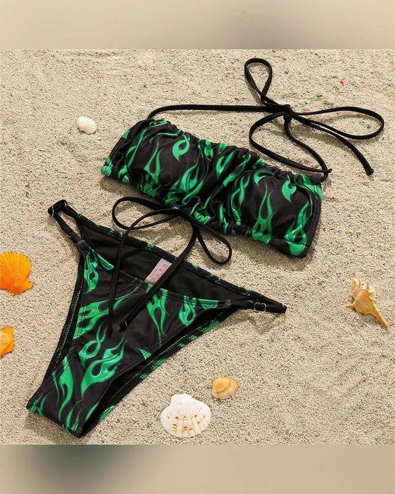 Flame Print Sleeveless Lace-up Bikini