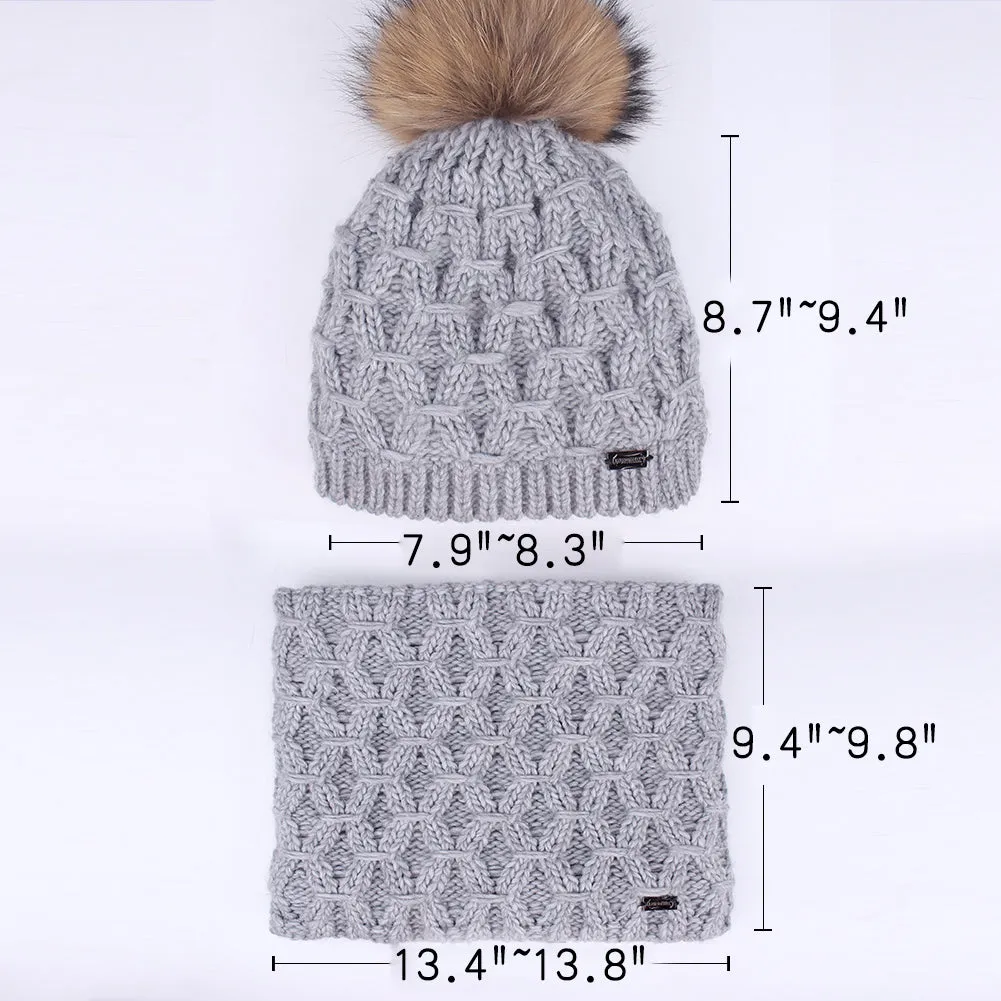 FURTALK Women Winter Real Fur Bobble Hat Scarf Set Diamond Pattern Drop Shipping HTWL091