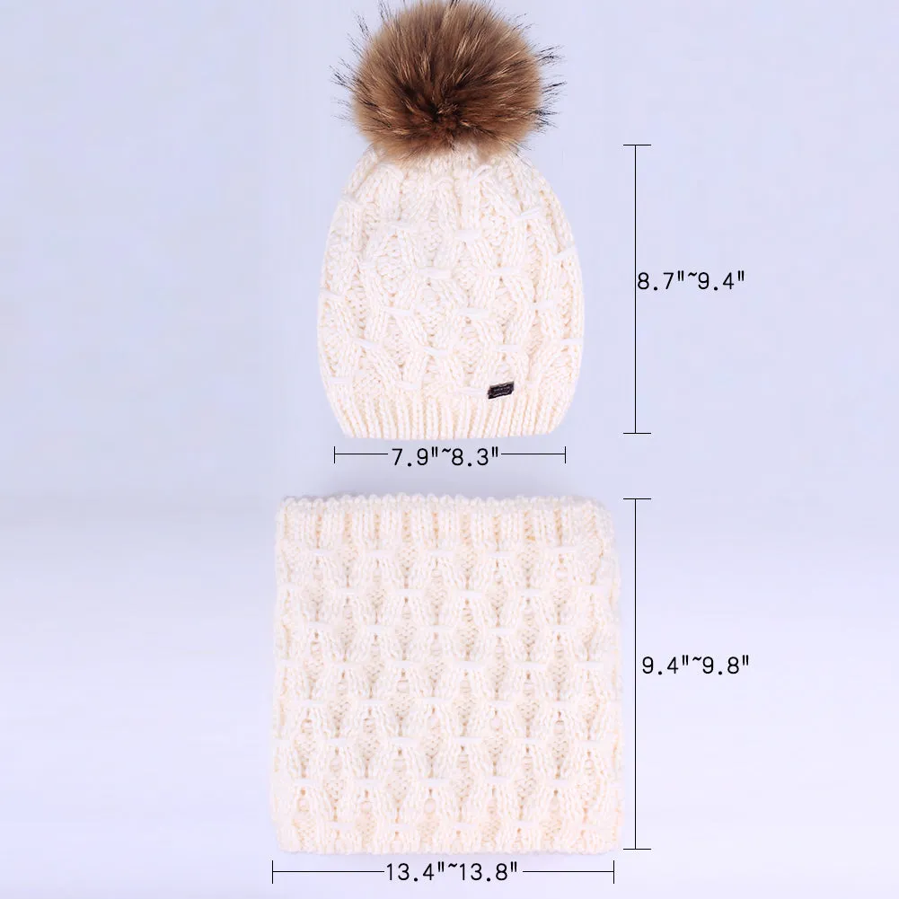 FURTALK Women Winter Real Fur Bobble Hat Scarf Set Diamond Pattern Drop Shipping HTWL091