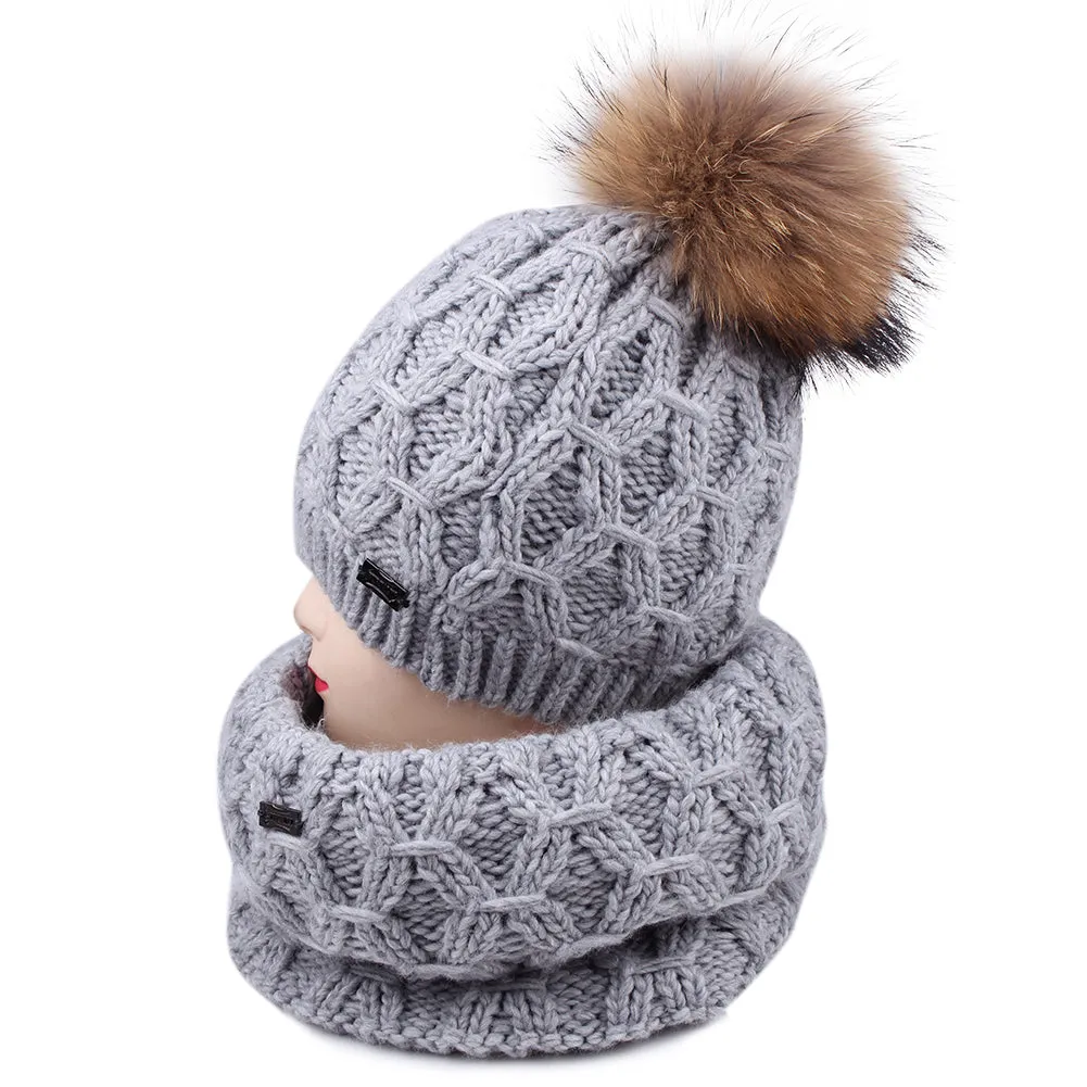 FURTALK Women Winter Real Fur Bobble Hat Scarf Set Diamond Pattern Drop Shipping HTWL091