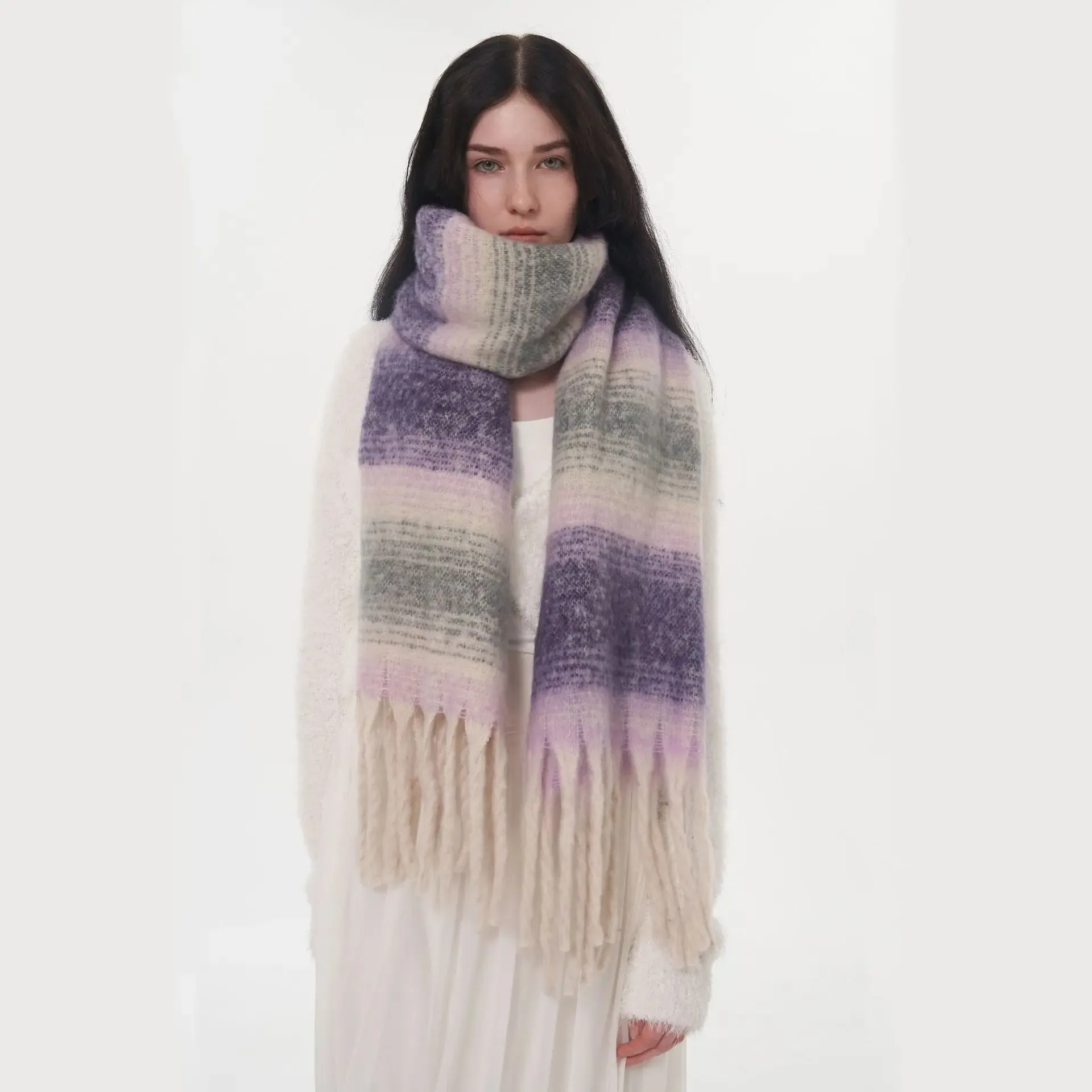 Gradient Color Block Cashmere Comfort Stripe Tassel Simple Fashion Long Muffler Scarf